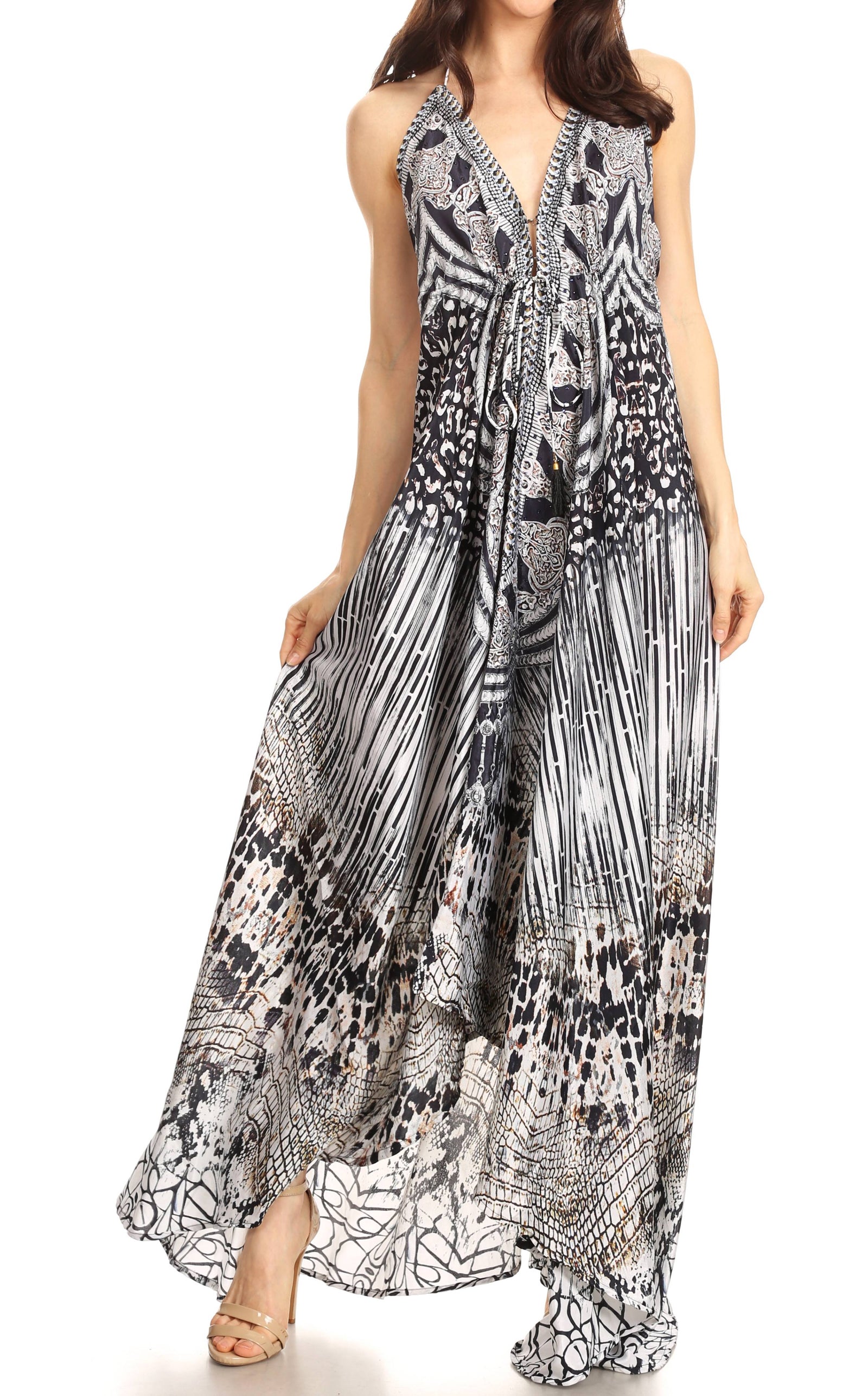 Vestido largo Sakkas Lizi para mujer, con cuello halter, corte alto y bajo, estilo pañuelo, para fiesta en la playa