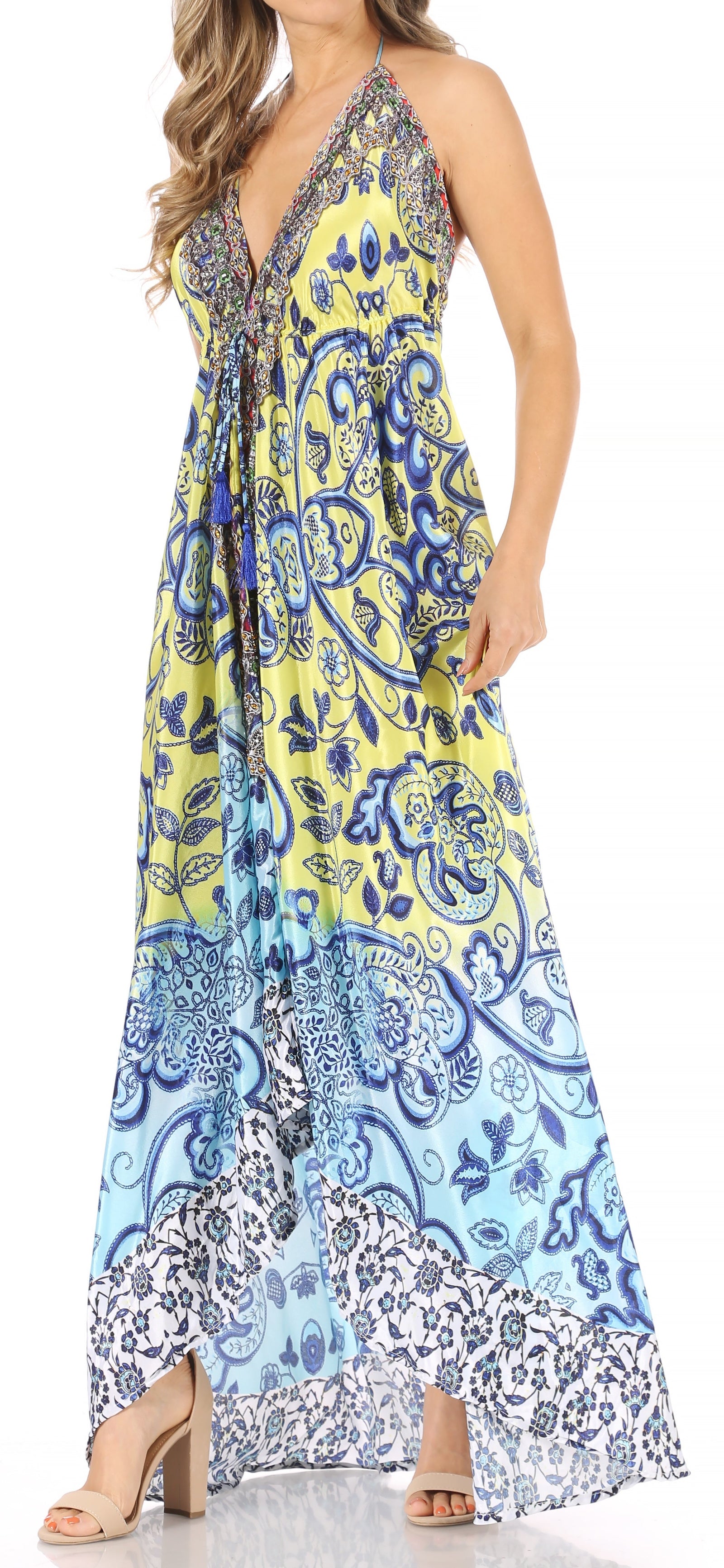 Vestido largo Sakkas Lizi para mujer, con cuello halter, corte alto y bajo, estilo pañuelo, para fiesta en la playa