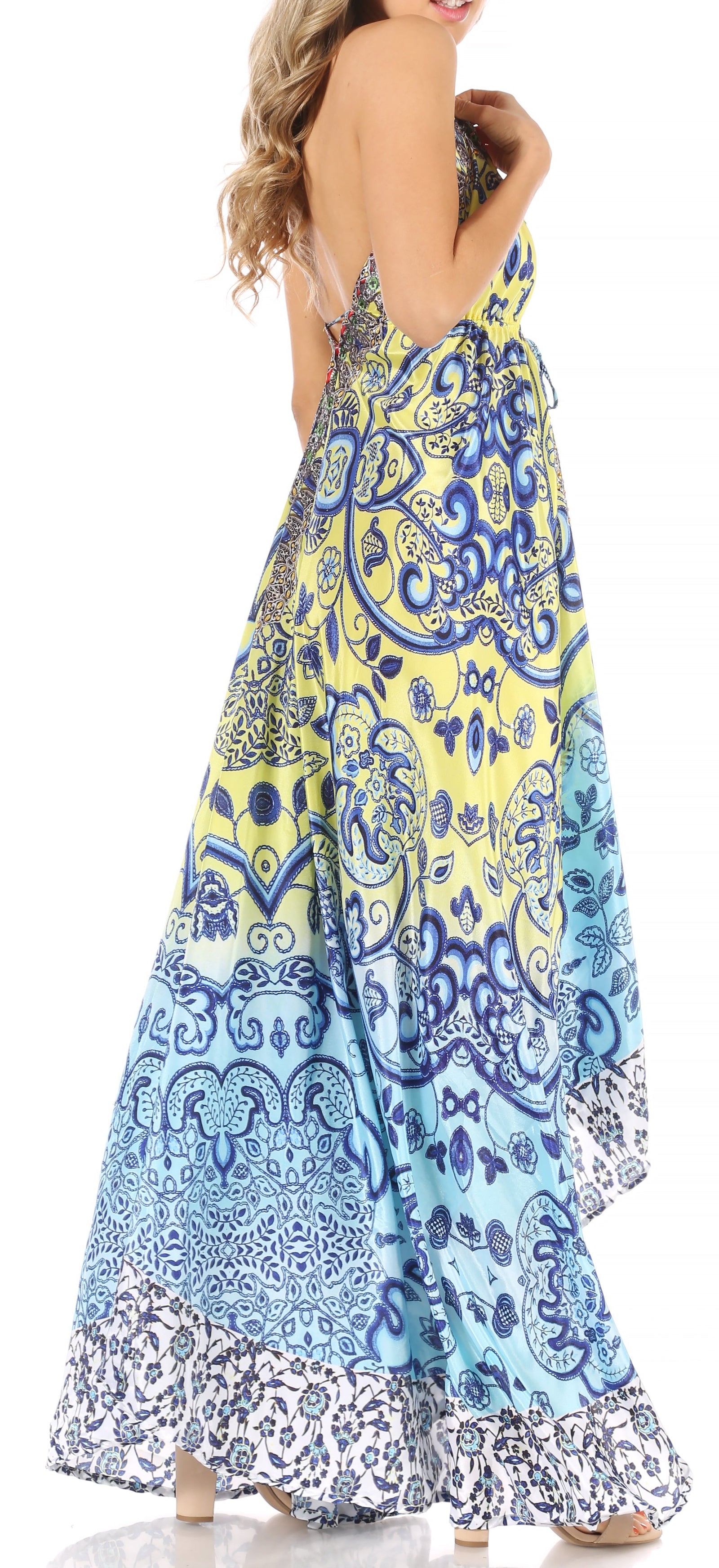 Vestido largo Sakkas Lizi para mujer, con cuello halter, corte alto y bajo, estilo pañuelo, para fiesta en la playa