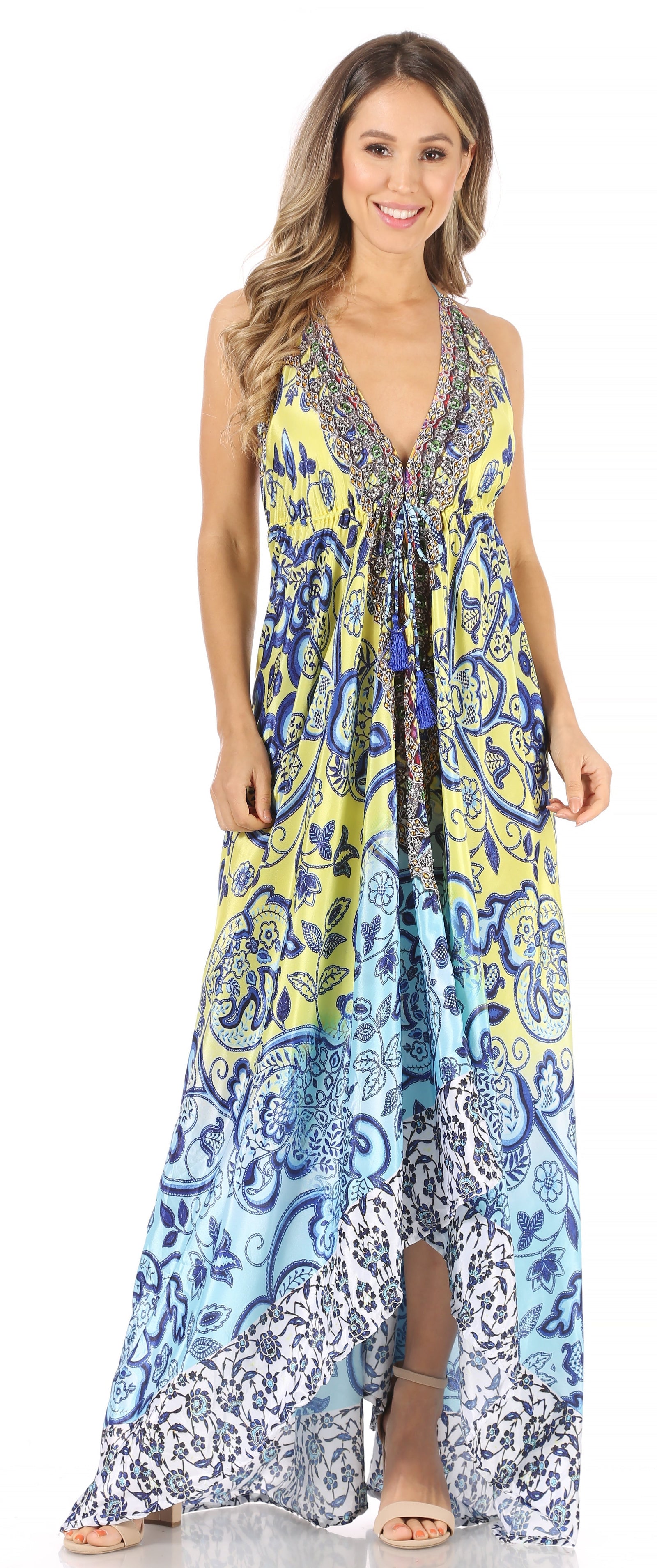 Vestido largo Sakkas Lizi para mujer, con cuello halter, corte alto y bajo, estilo pañuelo, para fiesta en la playa