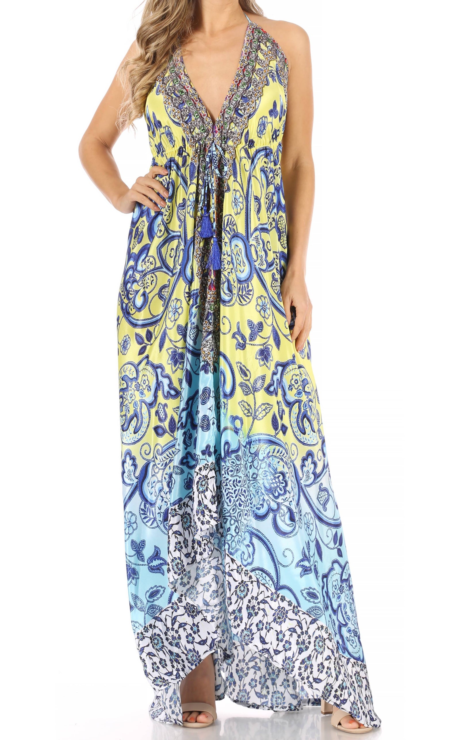 Vestido largo Sakkas Lizi para mujer, con cuello halter, corte alto y bajo, estilo pañuelo, para fiesta en la playa