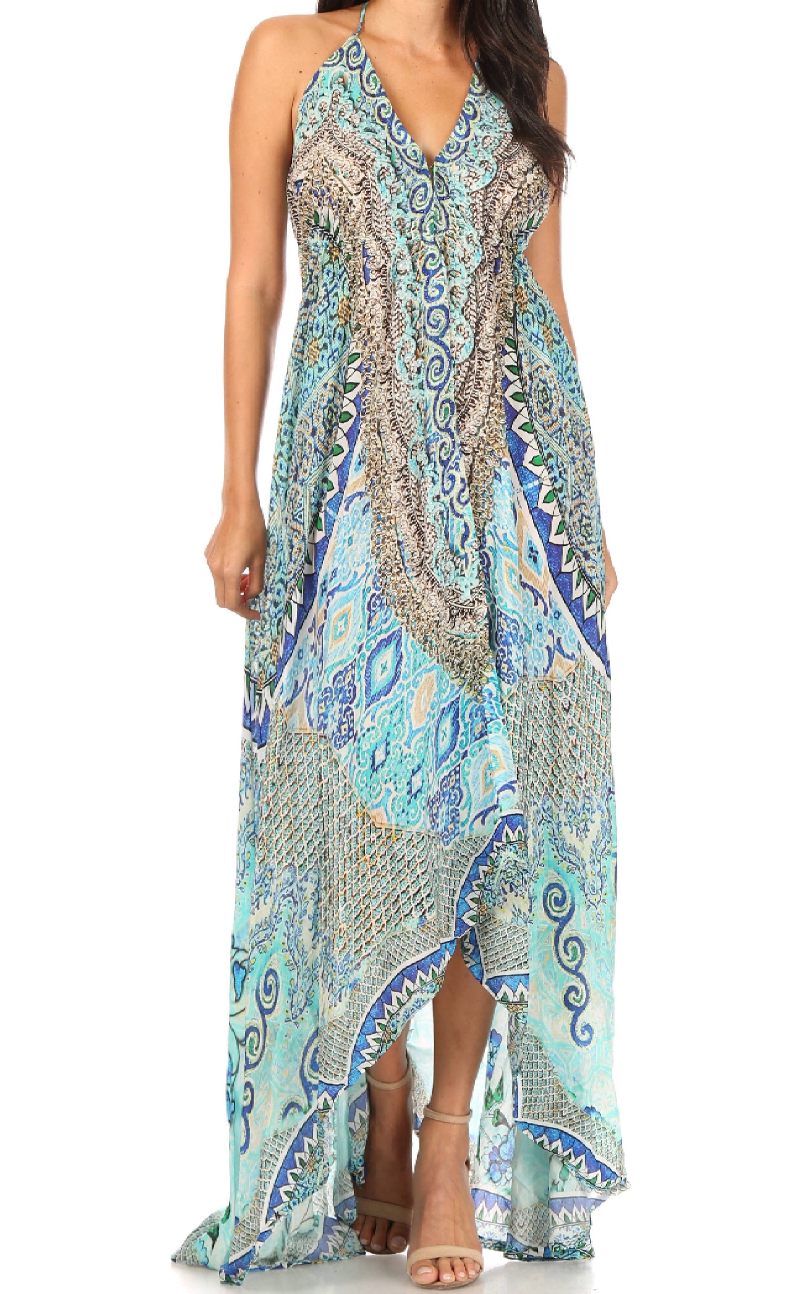 Vestido largo Sakkas Lizi para mujer, con cuello halter, corte alto y bajo, estilo pañuelo, para fiesta en la playa