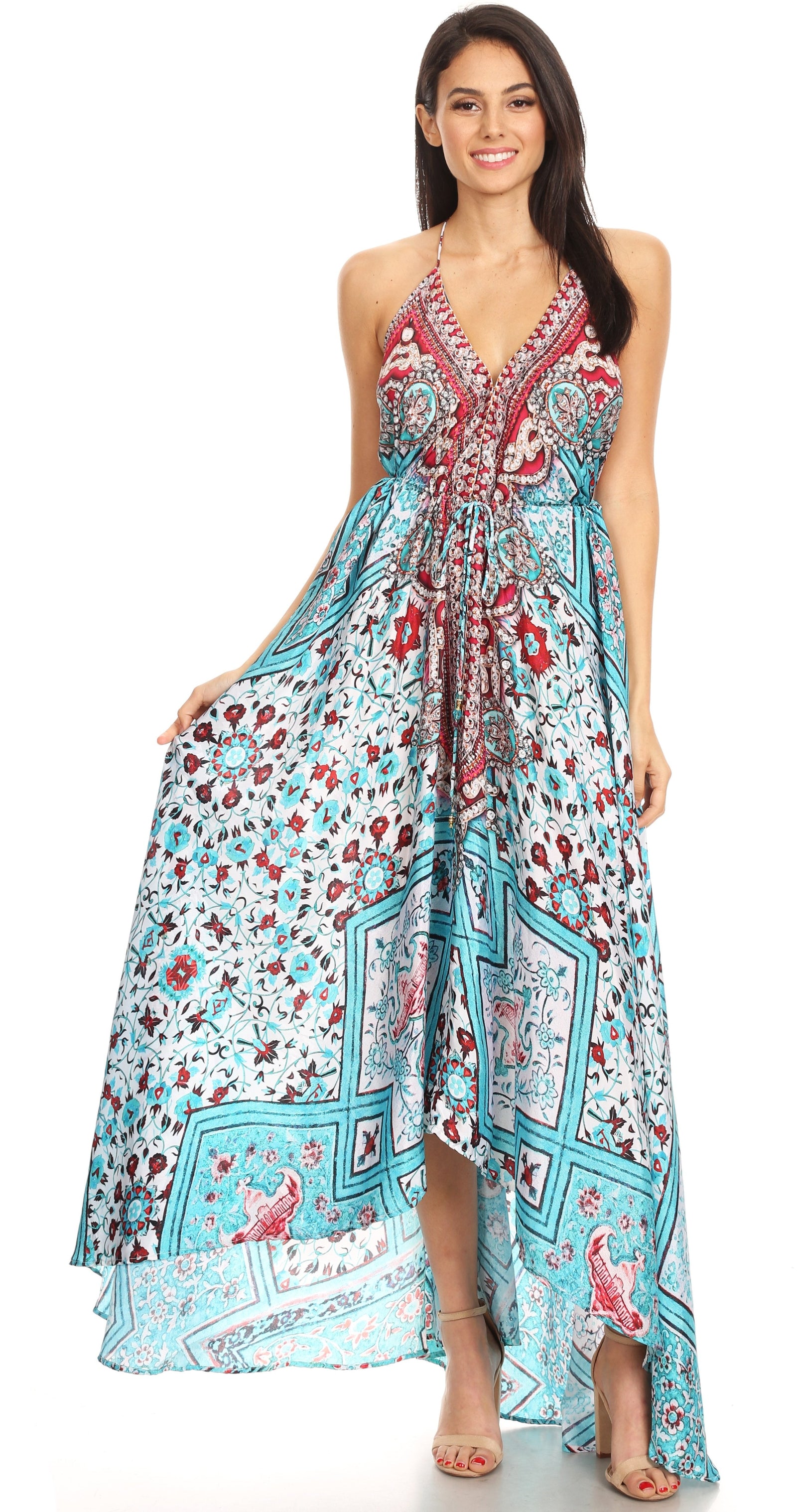 Vestido largo Sakkas Lizi para mujer, con cuello halter, corte alto y bajo, estilo pañuelo, para fiesta en la playa