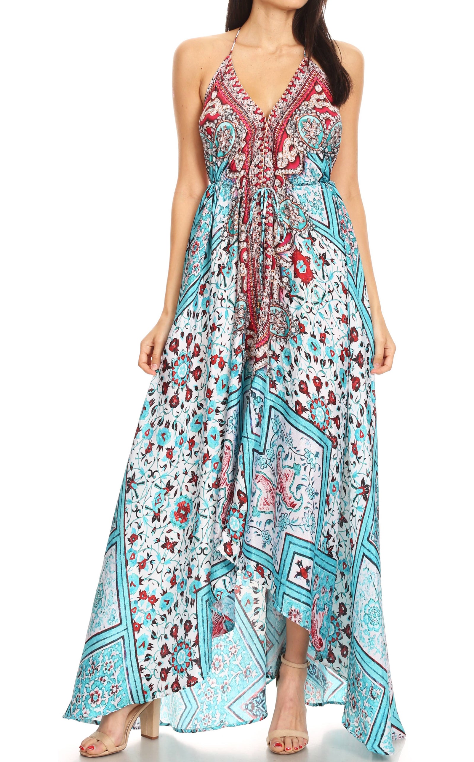 Vestido largo Sakkas Lizi para mujer, con cuello halter, corte alto y bajo, estilo pañuelo, para fiesta en la playa