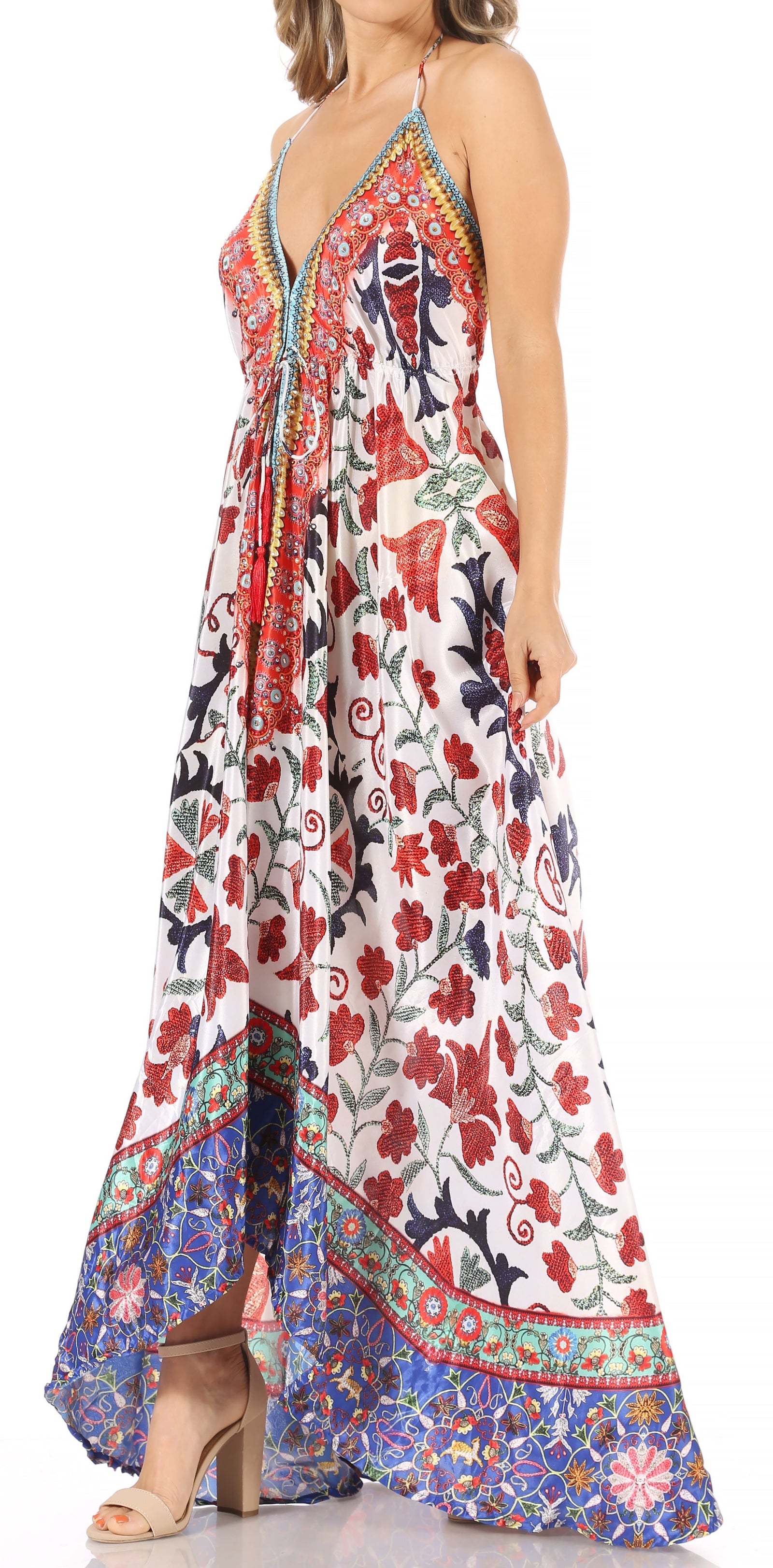 Vestido largo Sakkas Lizi para mujer, con cuello halter, corte alto y bajo, estilo pañuelo, para fiesta en la playa