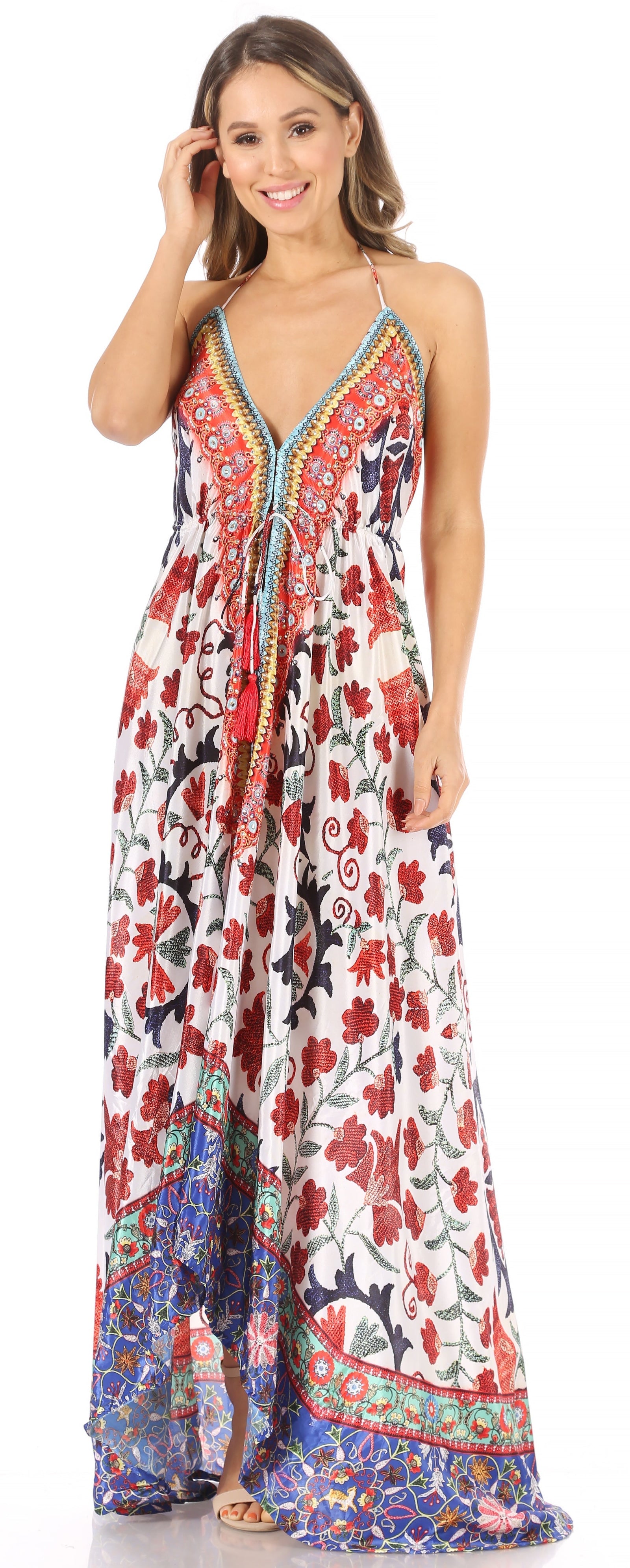 Vestido largo Sakkas Lizi para mujer, con cuello halter, corte alto y bajo, estilo pañuelo, para fiesta en la playa