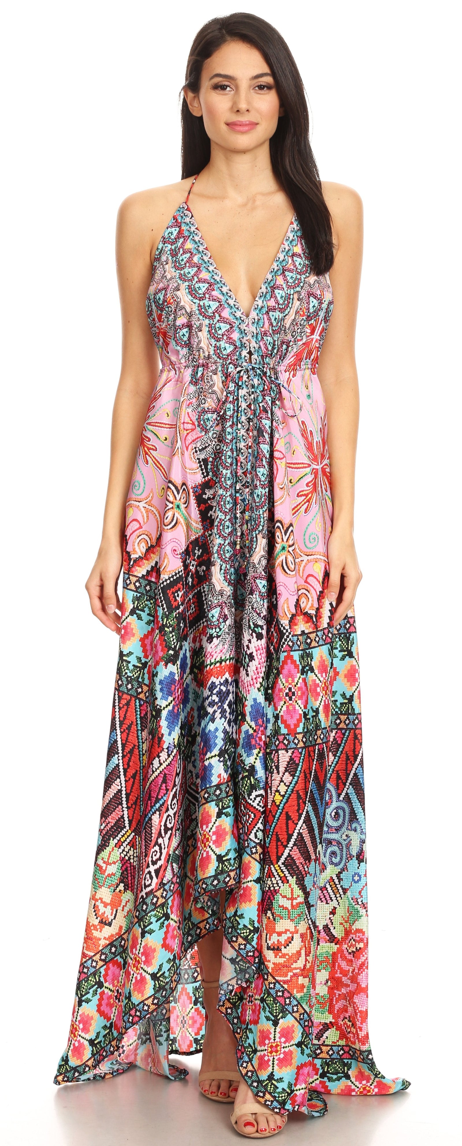 Vestido largo Sakkas Lizi para mujer, con cuello halter, corte alto y bajo, estilo pañuelo, para fiesta en la playa