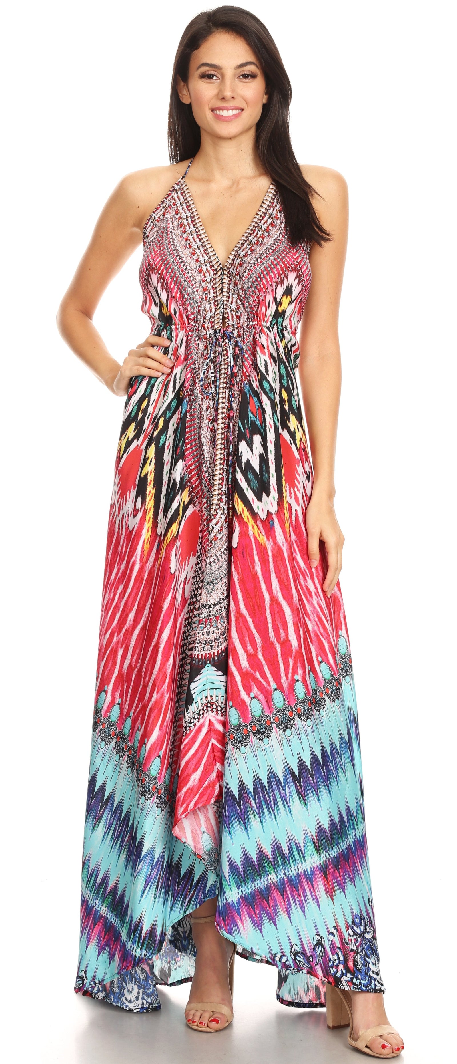 Vestido largo Sakkas Lizi para mujer, con cuello halter, corte alto y bajo, estilo pañuelo, para fiesta en la playa