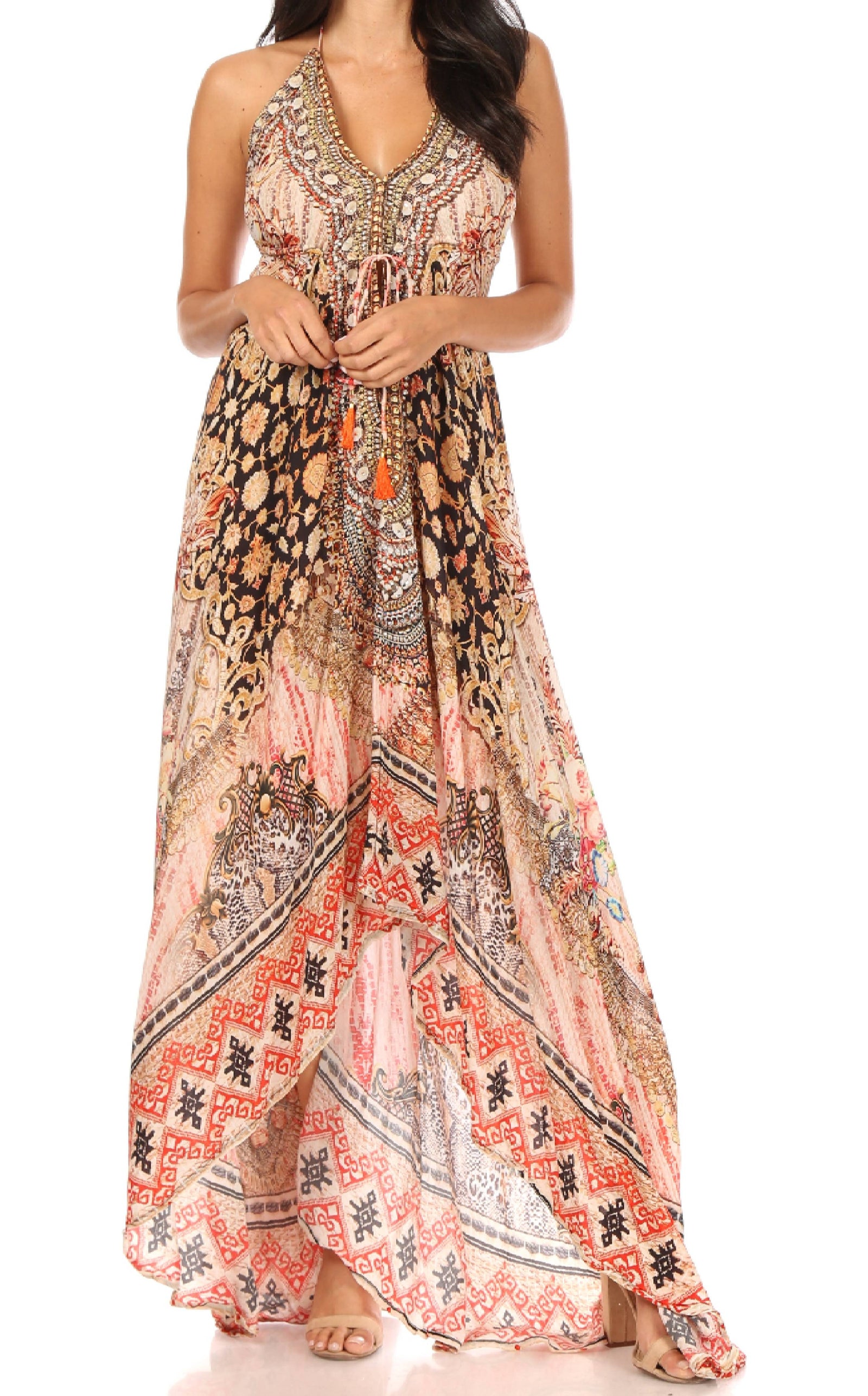 Vestido largo Sakkas Lizi para mujer, con cuello halter, corte alto y bajo, estilo pañuelo, para fiesta en la playa