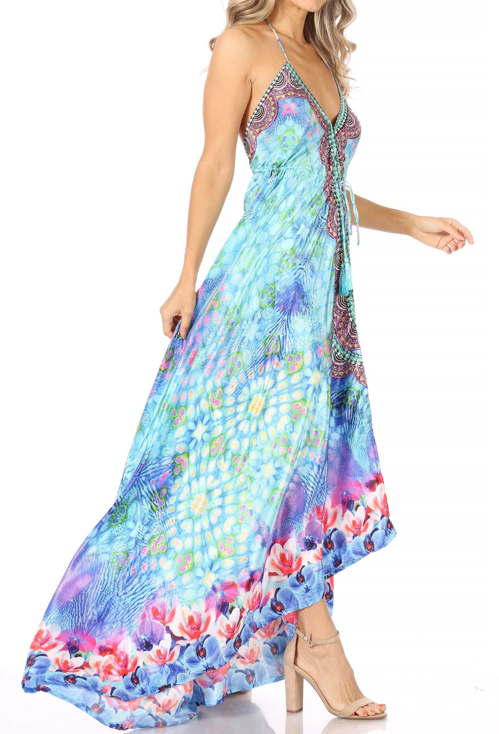 Vestido largo Sakkas Lizi para mujer, con cuello halter, corte alto y bajo, estilo pañuelo, para fiesta en la playa