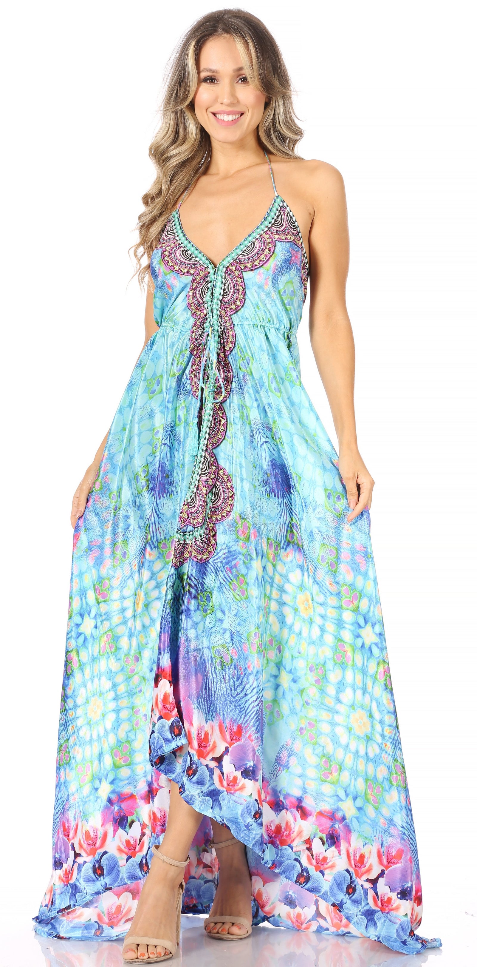 Vestido largo Sakkas Lizi para mujer, con cuello halter, corte alto y bajo, estilo pañuelo, para fiesta en la playa