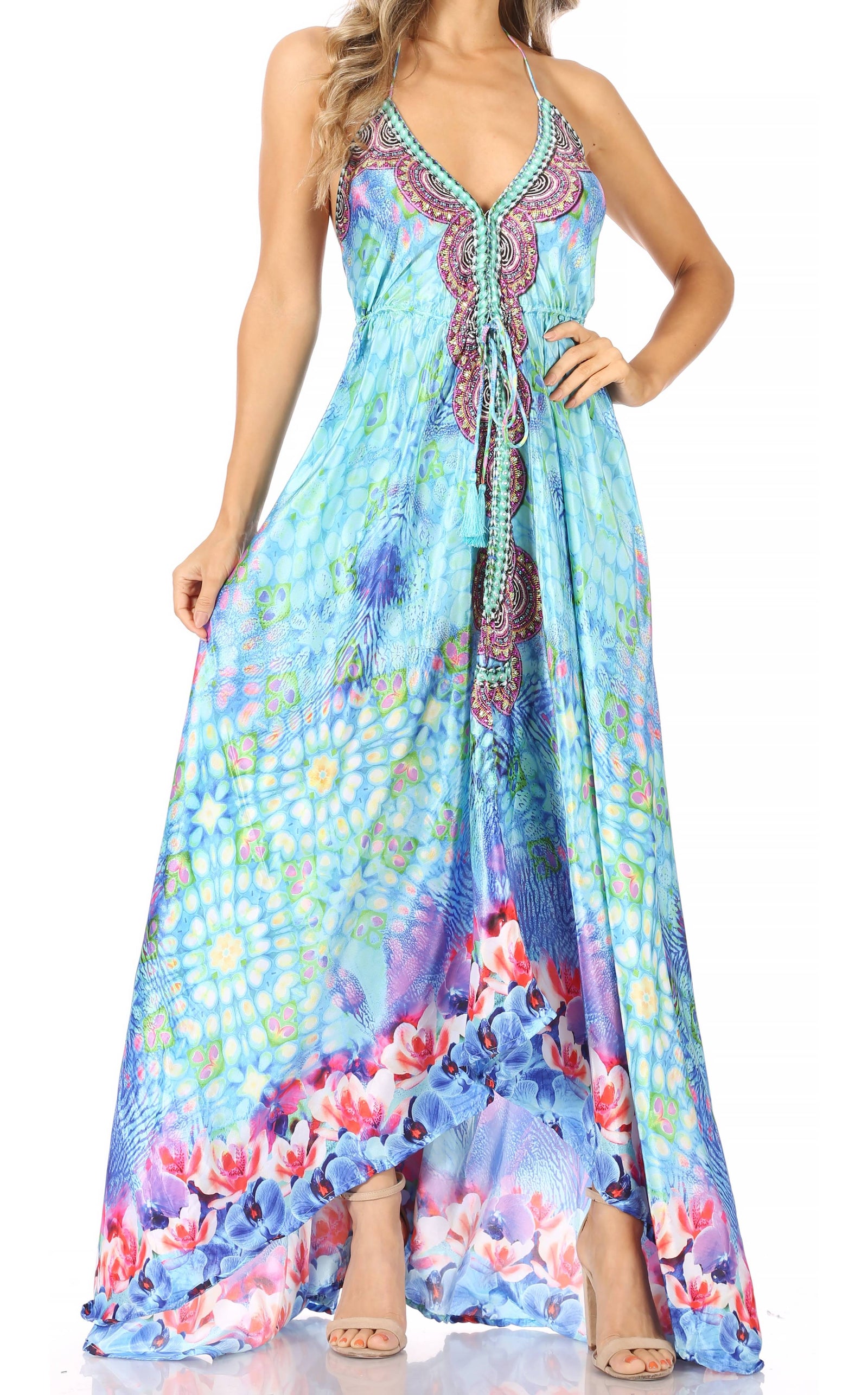 Vestido largo Sakkas Lizi para mujer, con cuello halter, corte alto y bajo, estilo pañuelo, para fiesta en la playa
