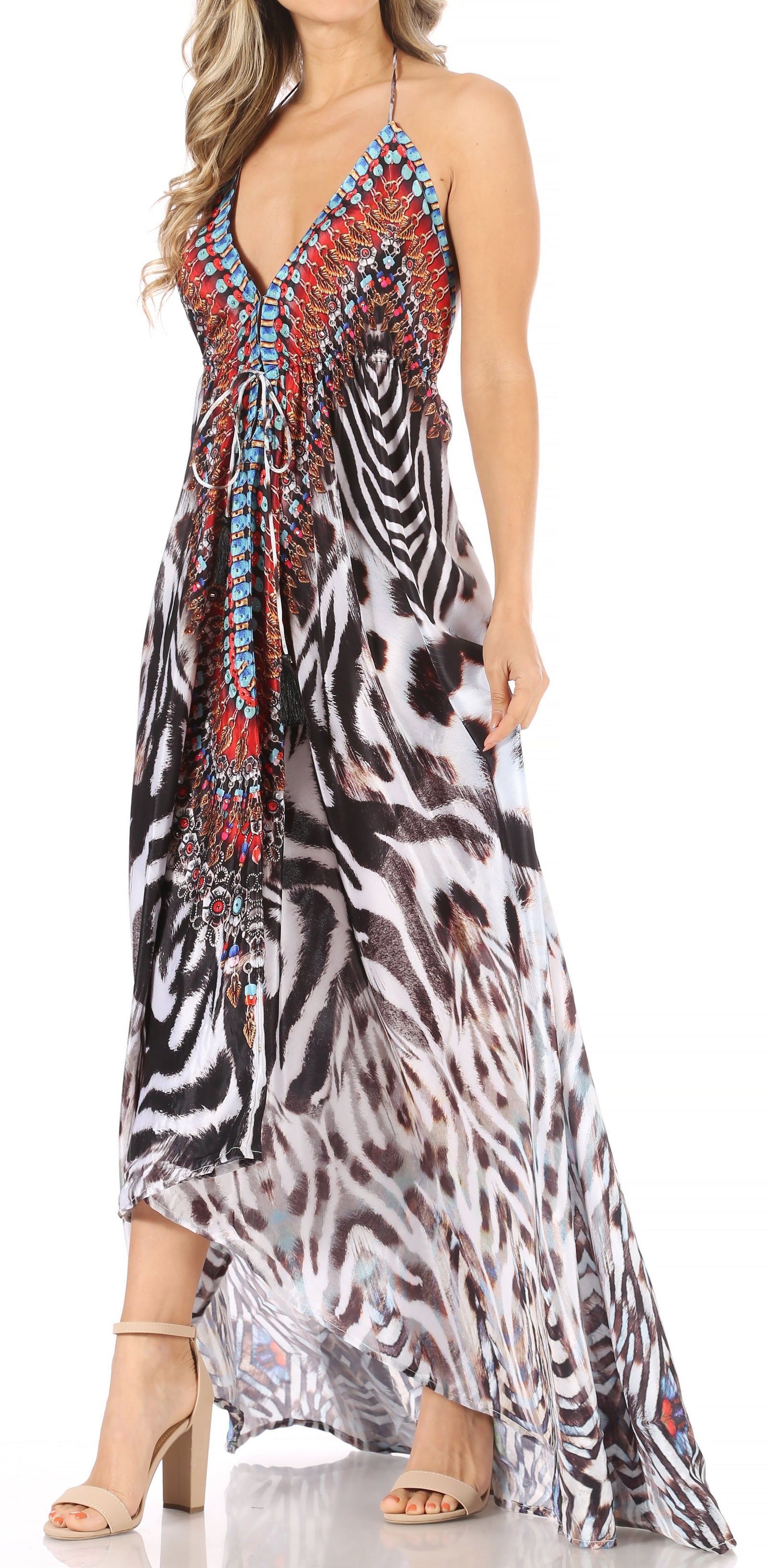 Vestido largo Sakkas Lizi para mujer, con cuello halter, corte alto y bajo, estilo pañuelo, para fiesta en la playa