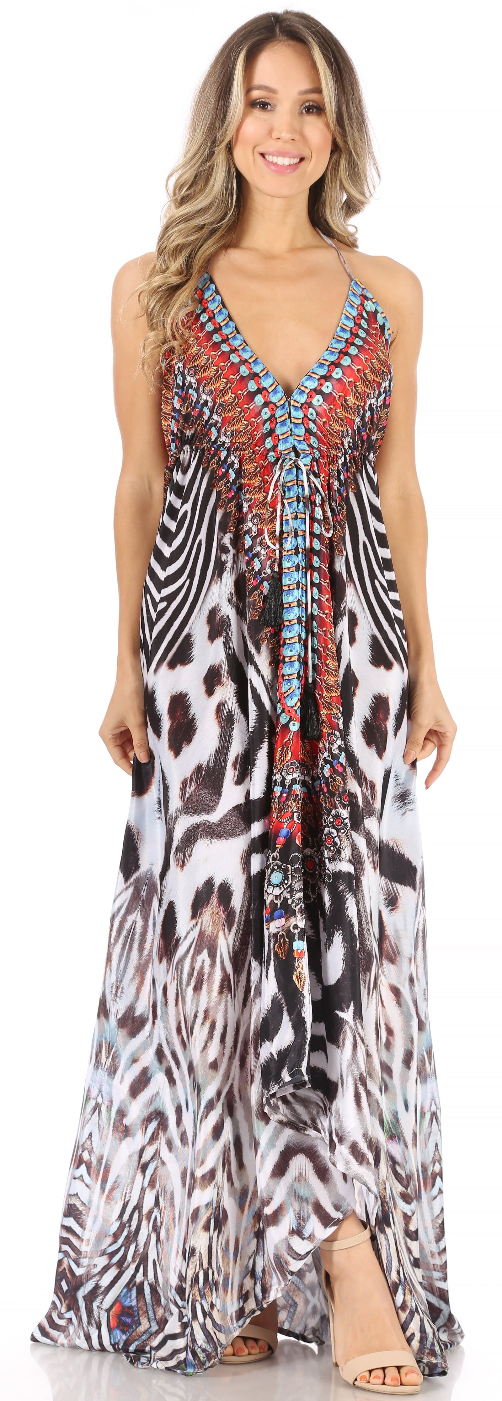 Vestido largo Sakkas Lizi para mujer, con cuello halter, corte alto y bajo, estilo pañuelo, para fiesta en la playa