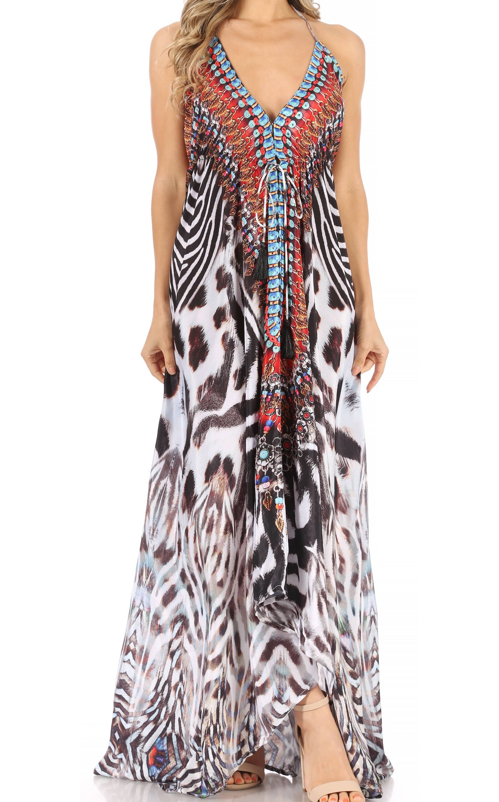 Vestido largo Sakkas Lizi para mujer, con cuello halter, corte alto y bajo, estilo pañuelo, para fiesta en la playa