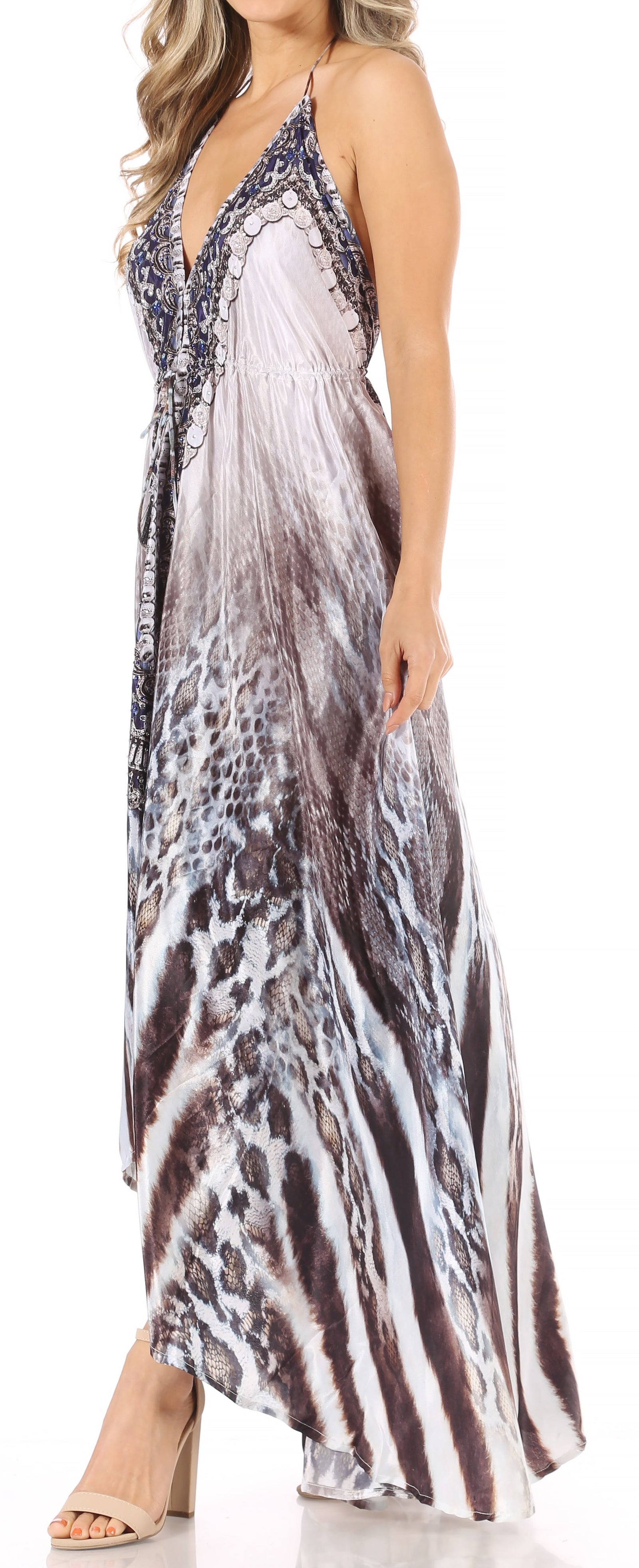 Vestido largo Sakkas Lizi para mujer, con cuello halter, corte alto y bajo, estilo pañuelo, para fiesta en la playa