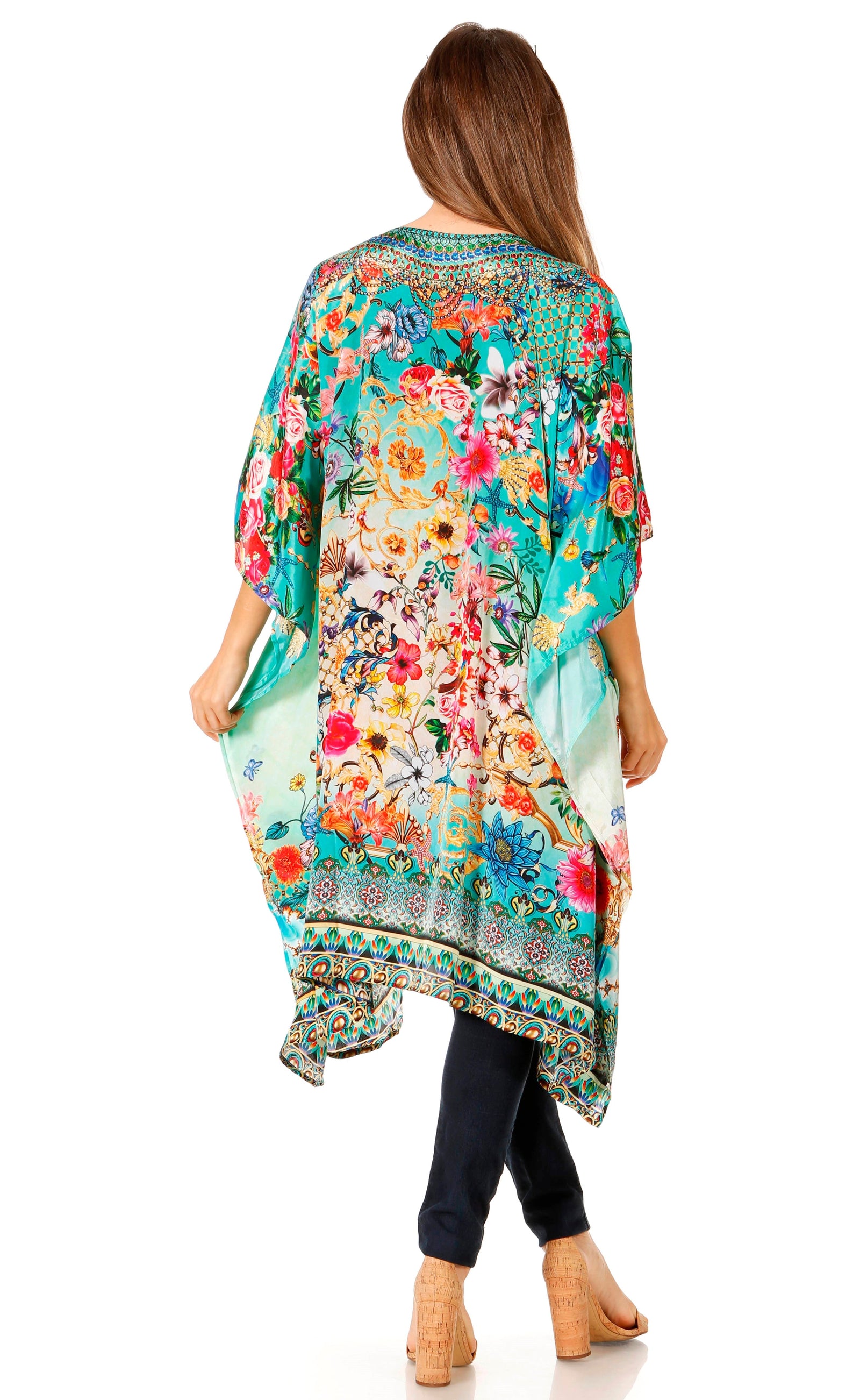 Sakkas Jenni Vestido caftán bohemio de longitud media para mujer con diamantes de imitación fluidos