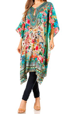 Sakkas Jenni Vestido caftán bohemio de longitud media para mujer con diamantes de imitación fluidos