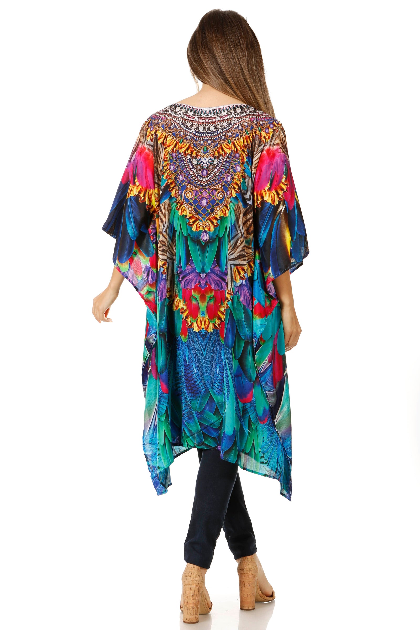 Sakkas Jenni Vestido caftán bohemio de longitud media para mujer con diamantes de imitación fluidos