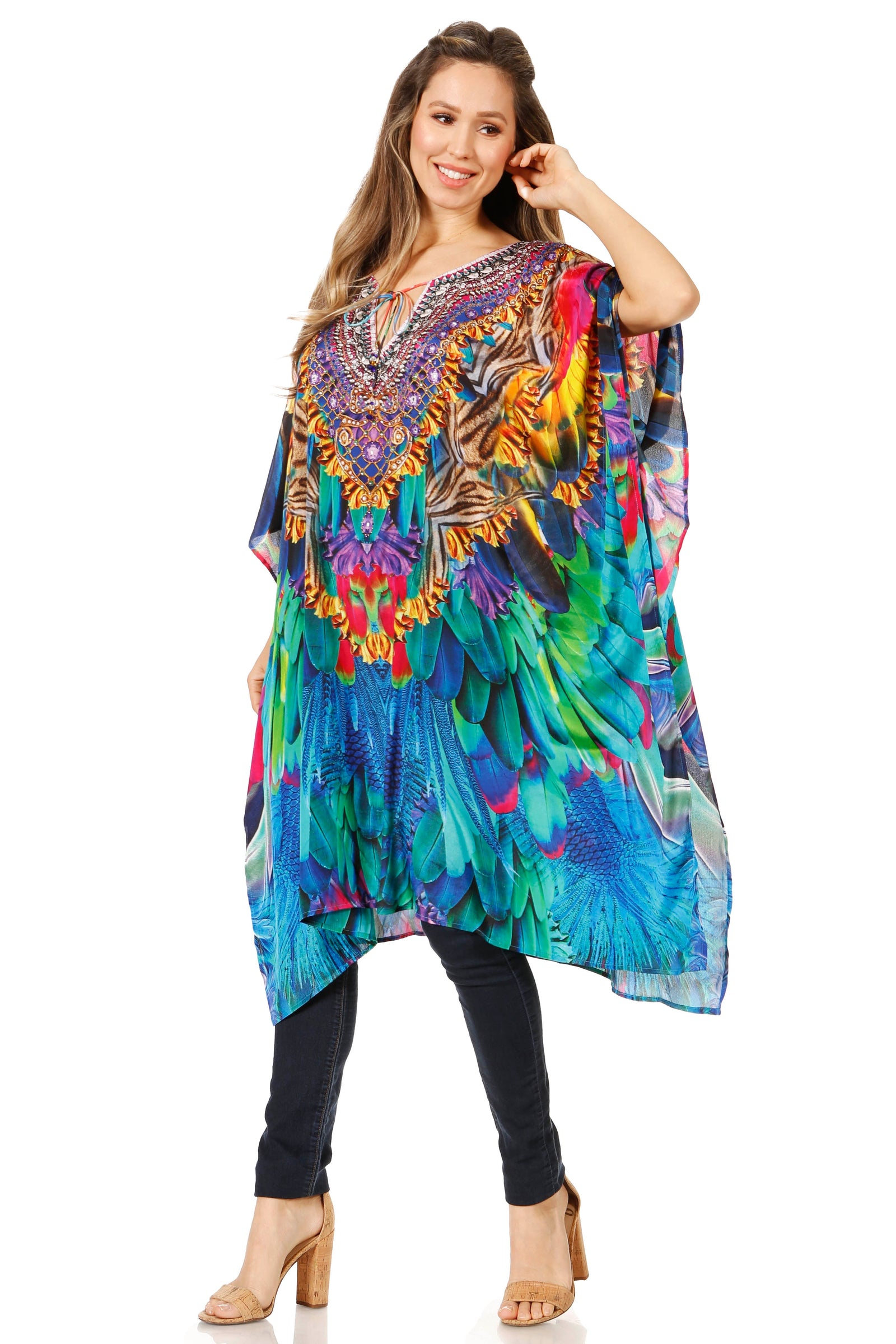 Sakkas Jenni Vestido caftán bohemio de longitud media para mujer con diamantes de imitación fluidos