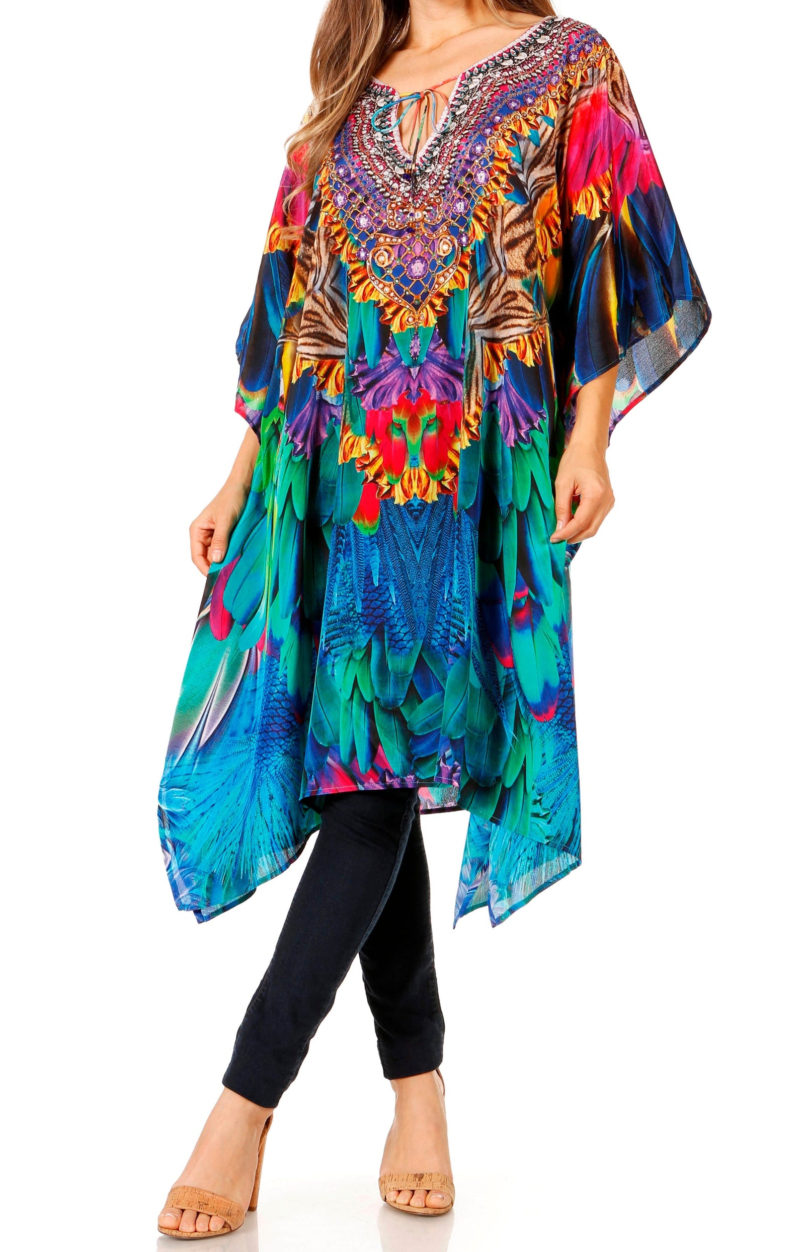 Sakkas Jenni Vestido caftán bohemio de longitud media para mujer con diamantes de imitación fluidos