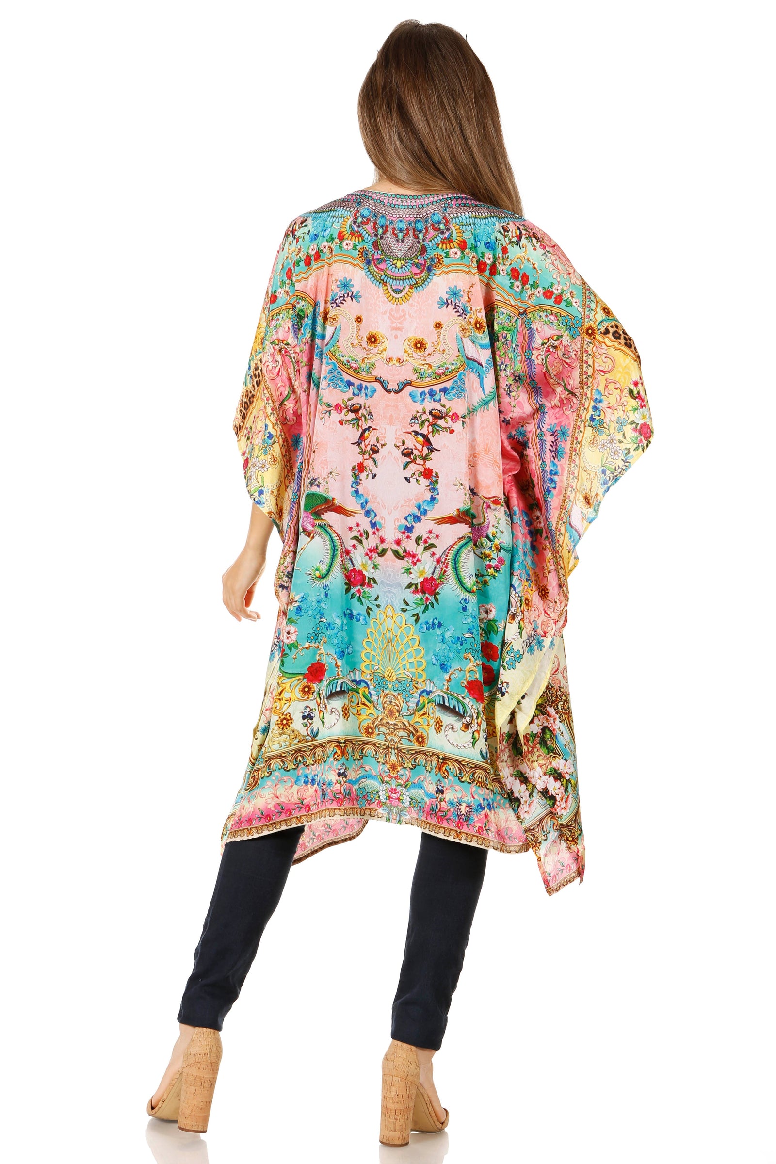 Sakkas Jenni Vestido caftán bohemio de longitud media para mujer con diamantes de imitación fluidos