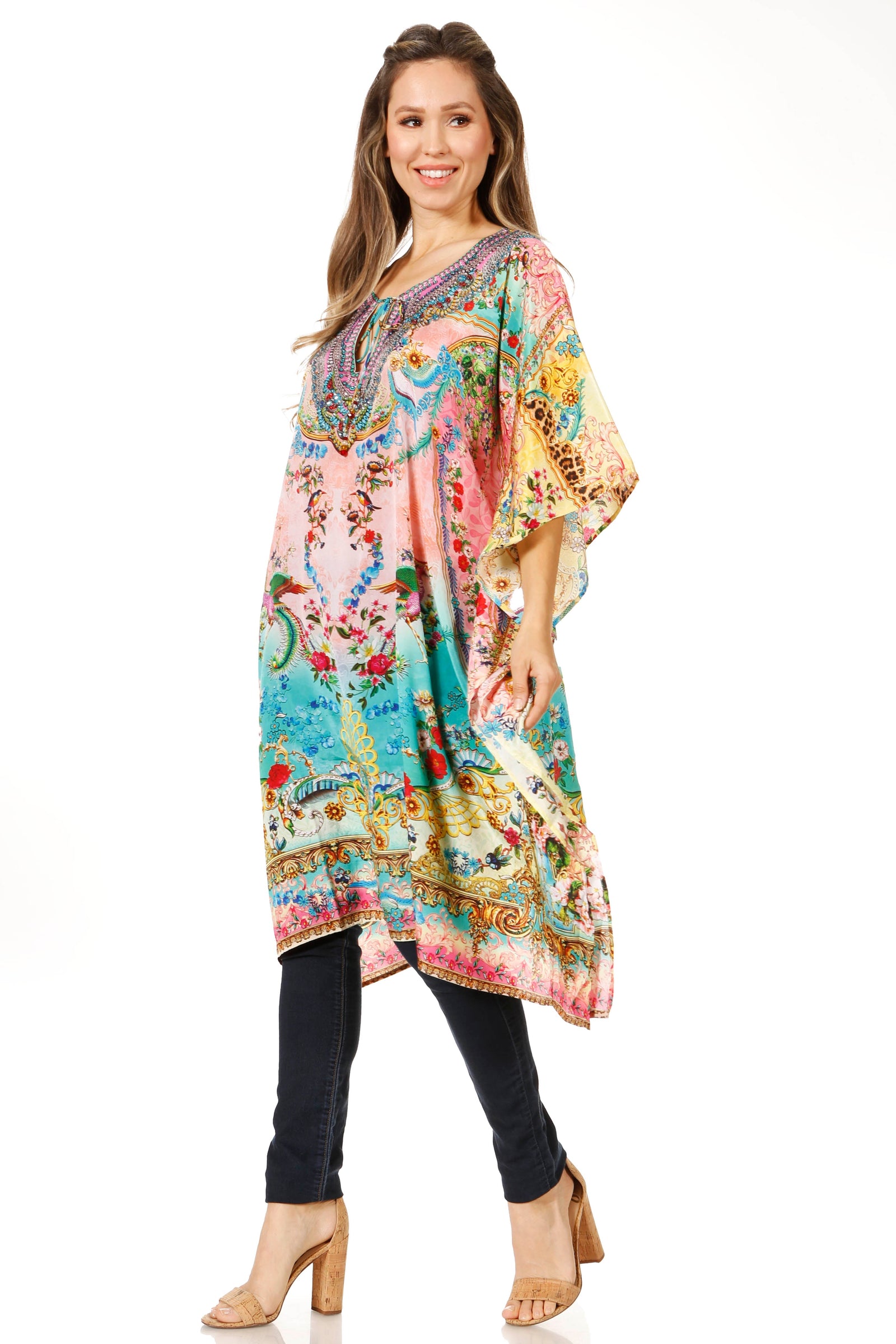 Sakkas Jenni Vestido caftán bohemio de longitud media para mujer con diamantes de imitación fluidos