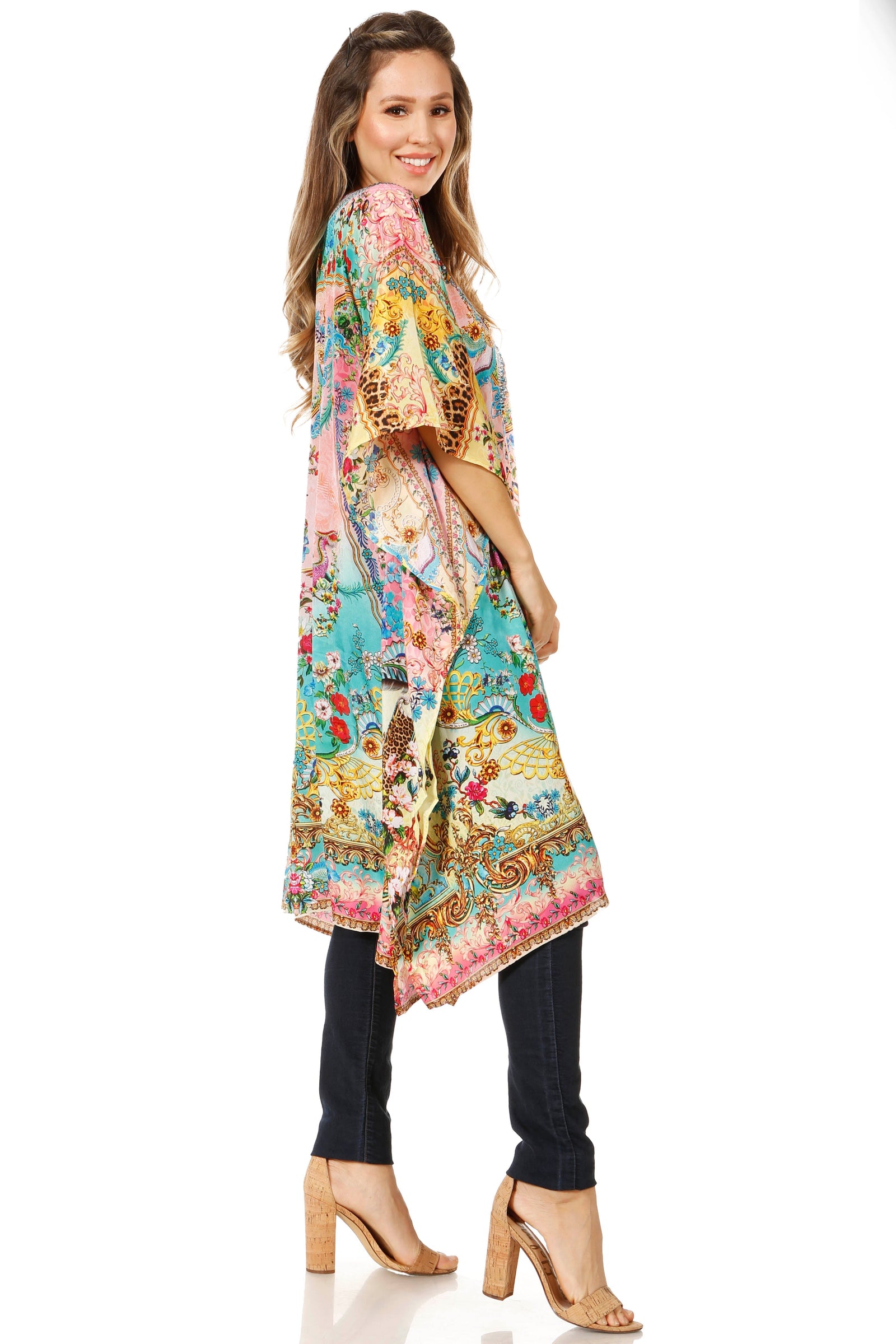 Sakkas Jenni Vestido caftán bohemio de longitud media para mujer con diamantes de imitación fluidos