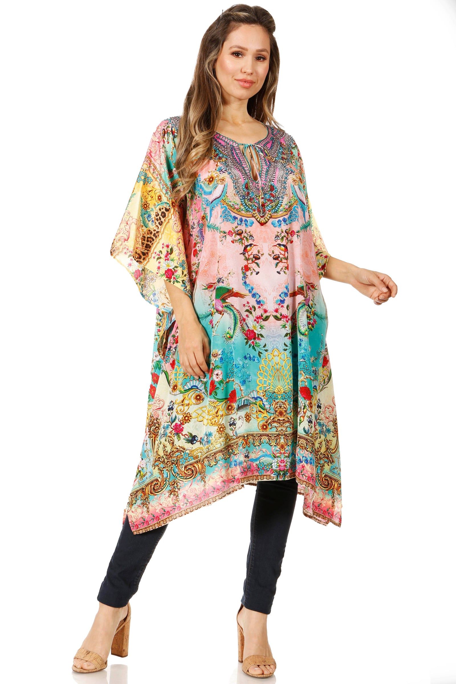Sakkas Jenni Vestido caftán bohemio de longitud media para mujer con diamantes de imitación fluidos
