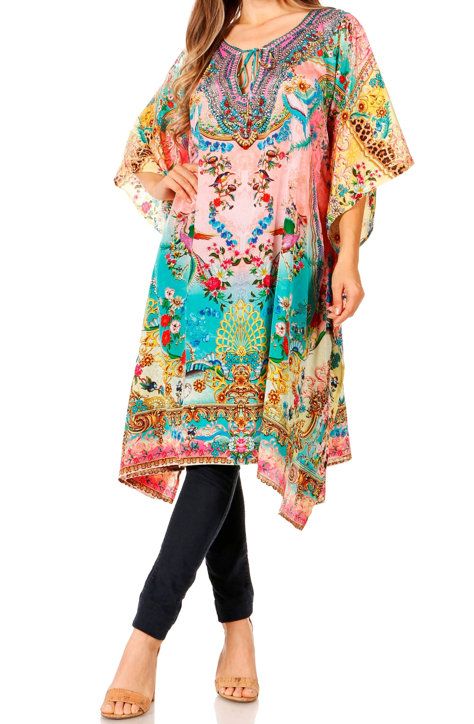 Sakkas Jenni Vestido caftán bohemio de longitud media para mujer con diamantes de imitación fluidos
