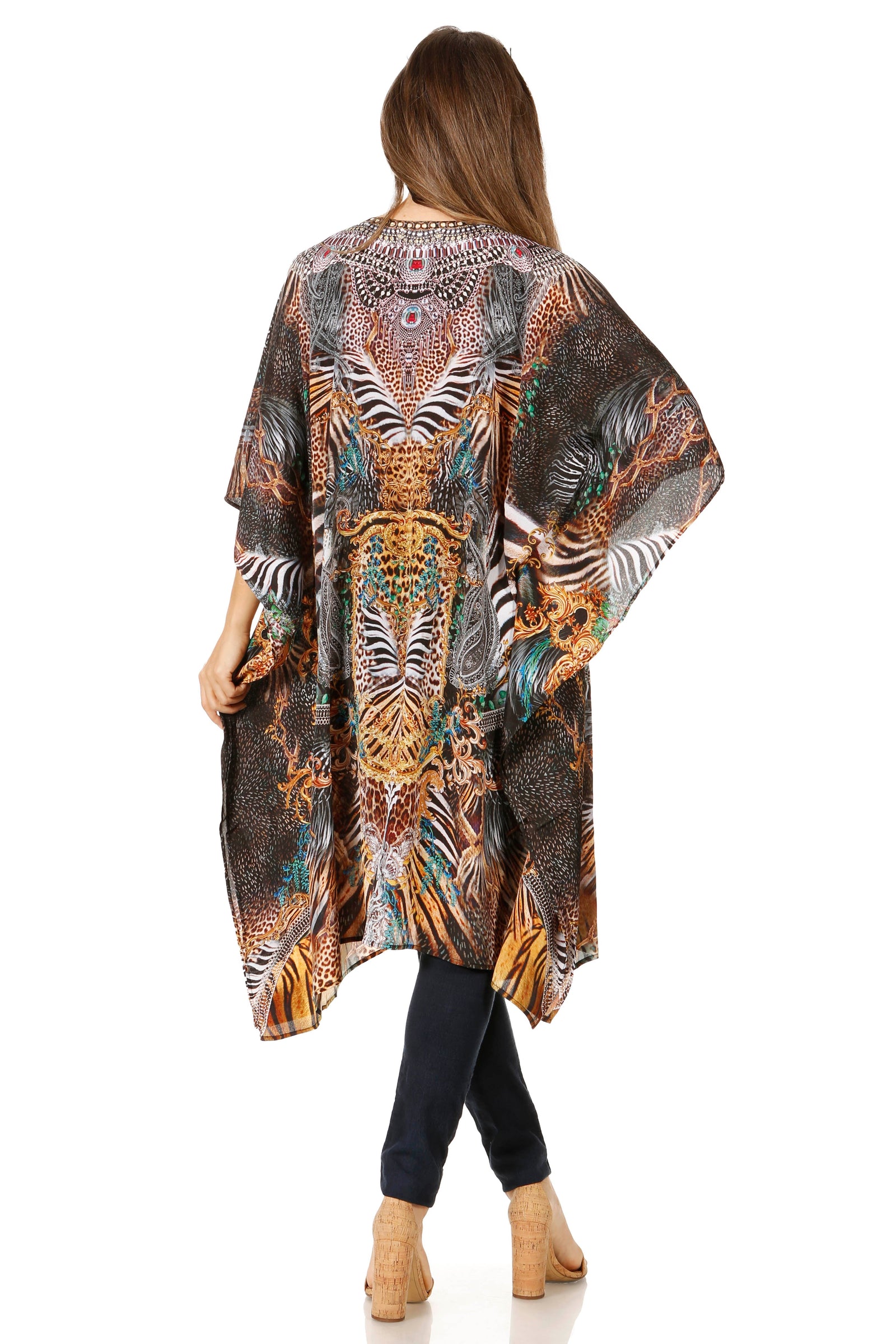 Sakkas Jenni Vestido caftán bohemio de longitud media para mujer con diamantes de imitación fluidos