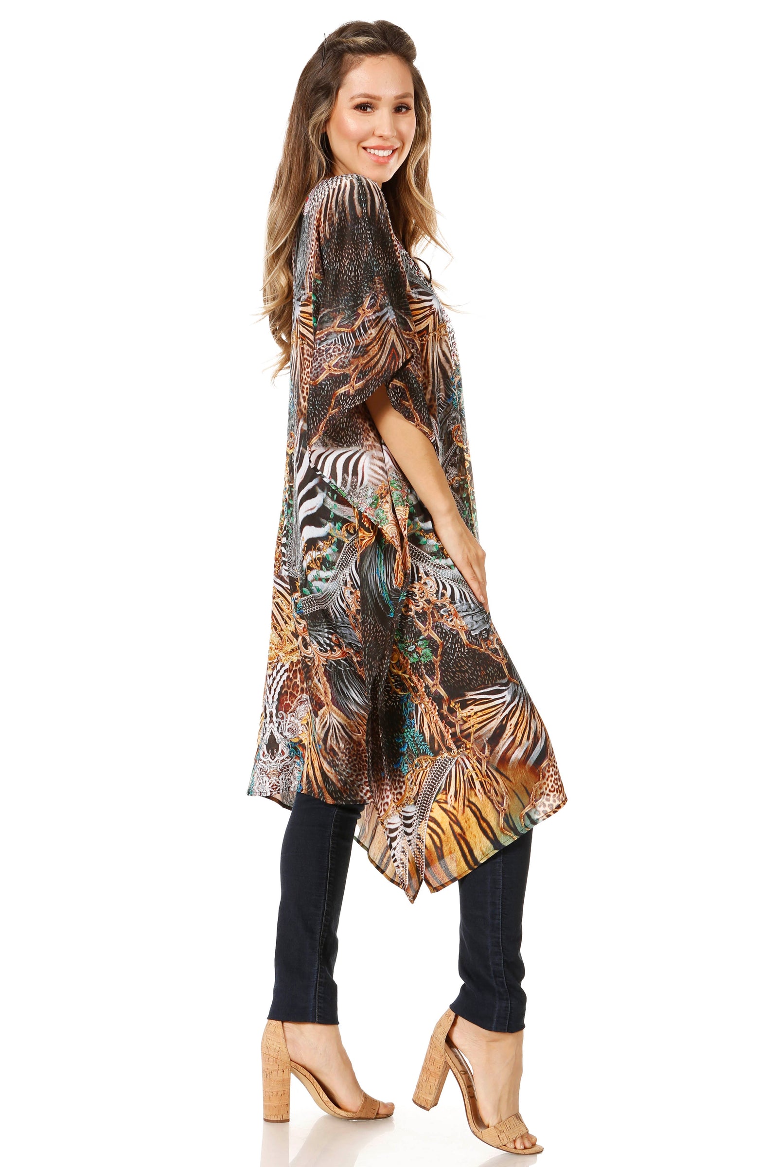 Sakkas Jenni Vestido caftán bohemio de longitud media para mujer con diamantes de imitación fluidos