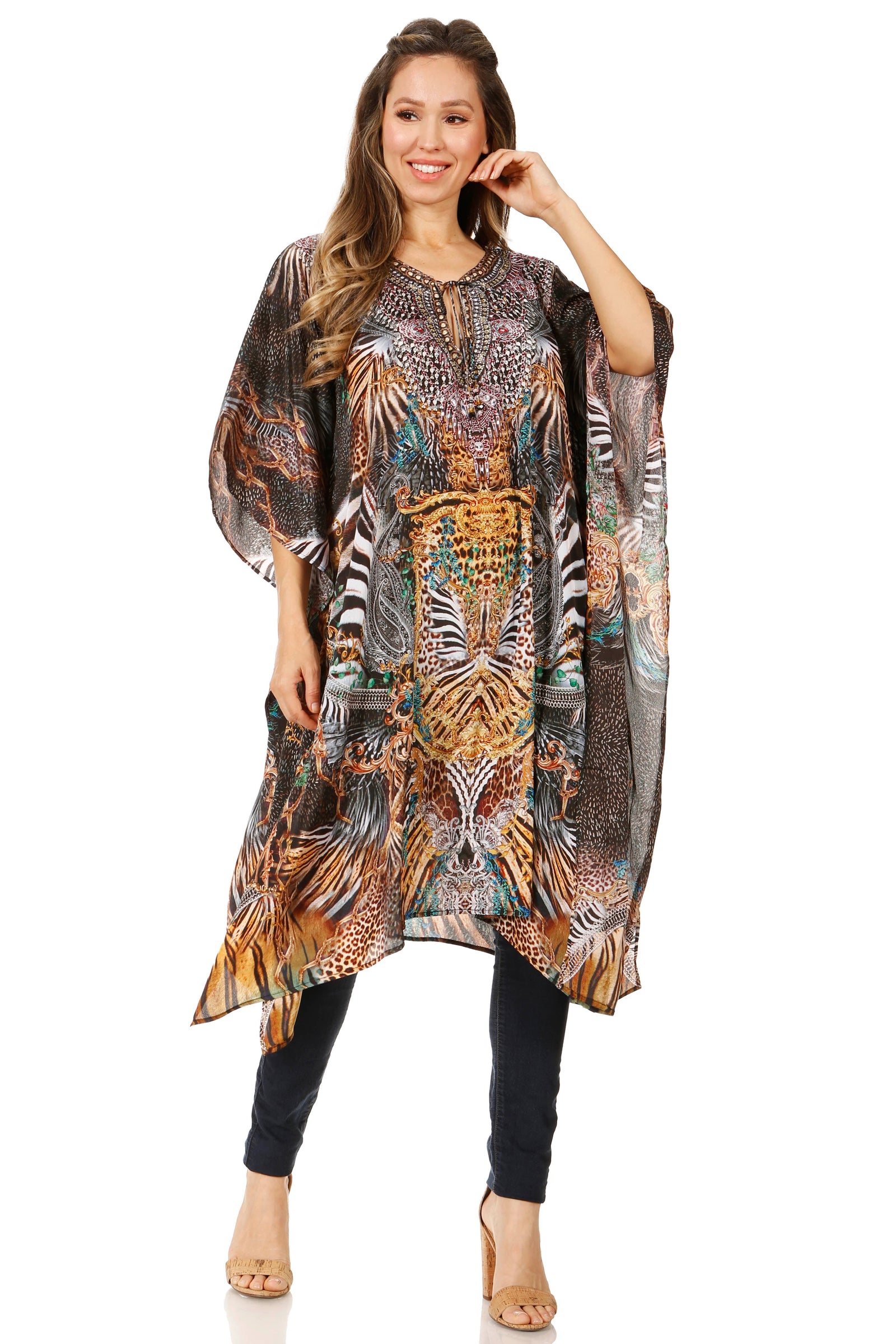 Sakkas Jenni Vestido caftán bohemio de longitud media para mujer con diamantes de imitación fluidos