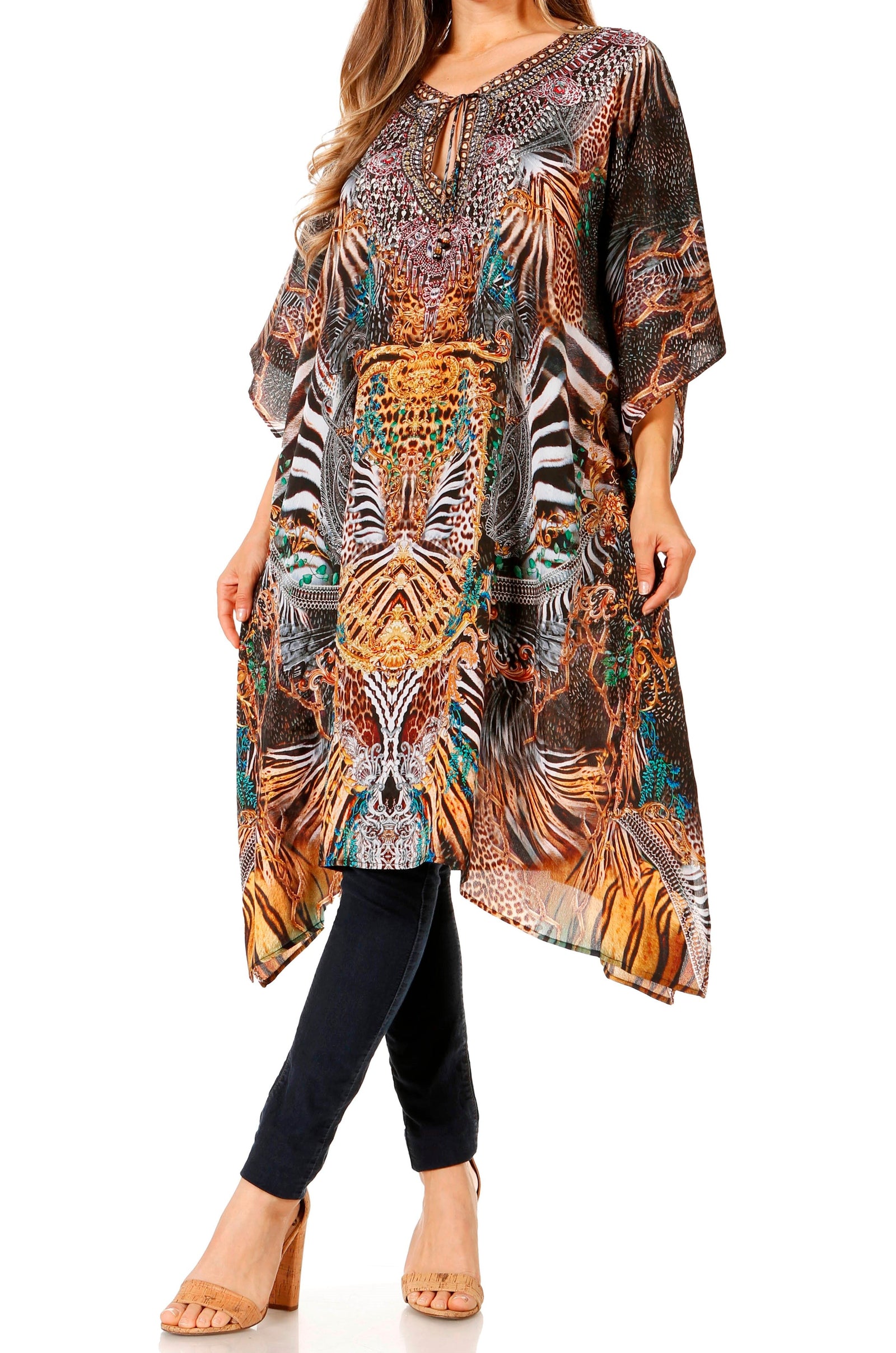 Sakkas Jenni Vestido caftán bohemio de longitud media para mujer con diamantes de imitación fluidos