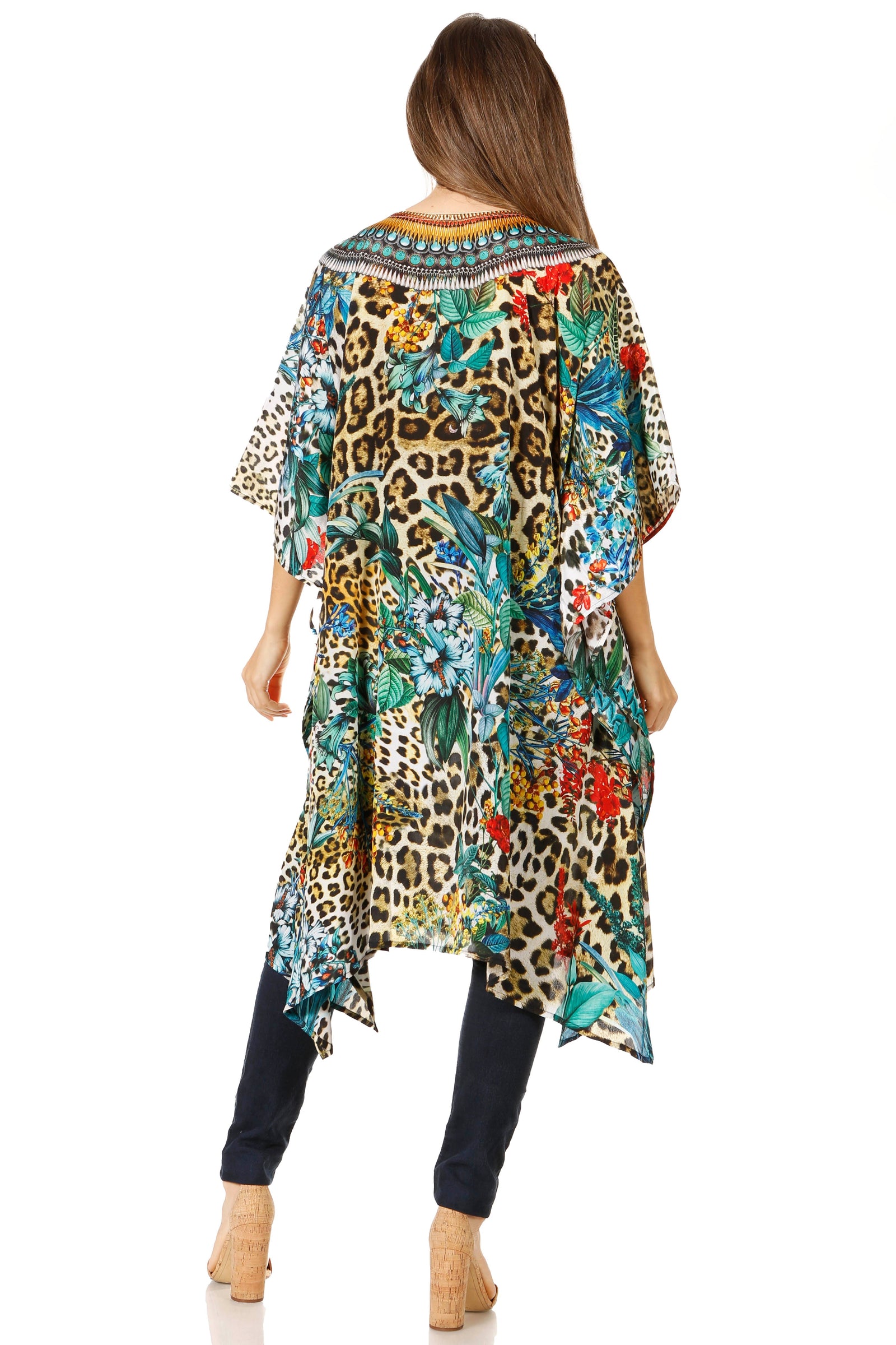 Sakkas Jenni Vestido caftán bohemio de longitud media para mujer con diamantes de imitación fluidos