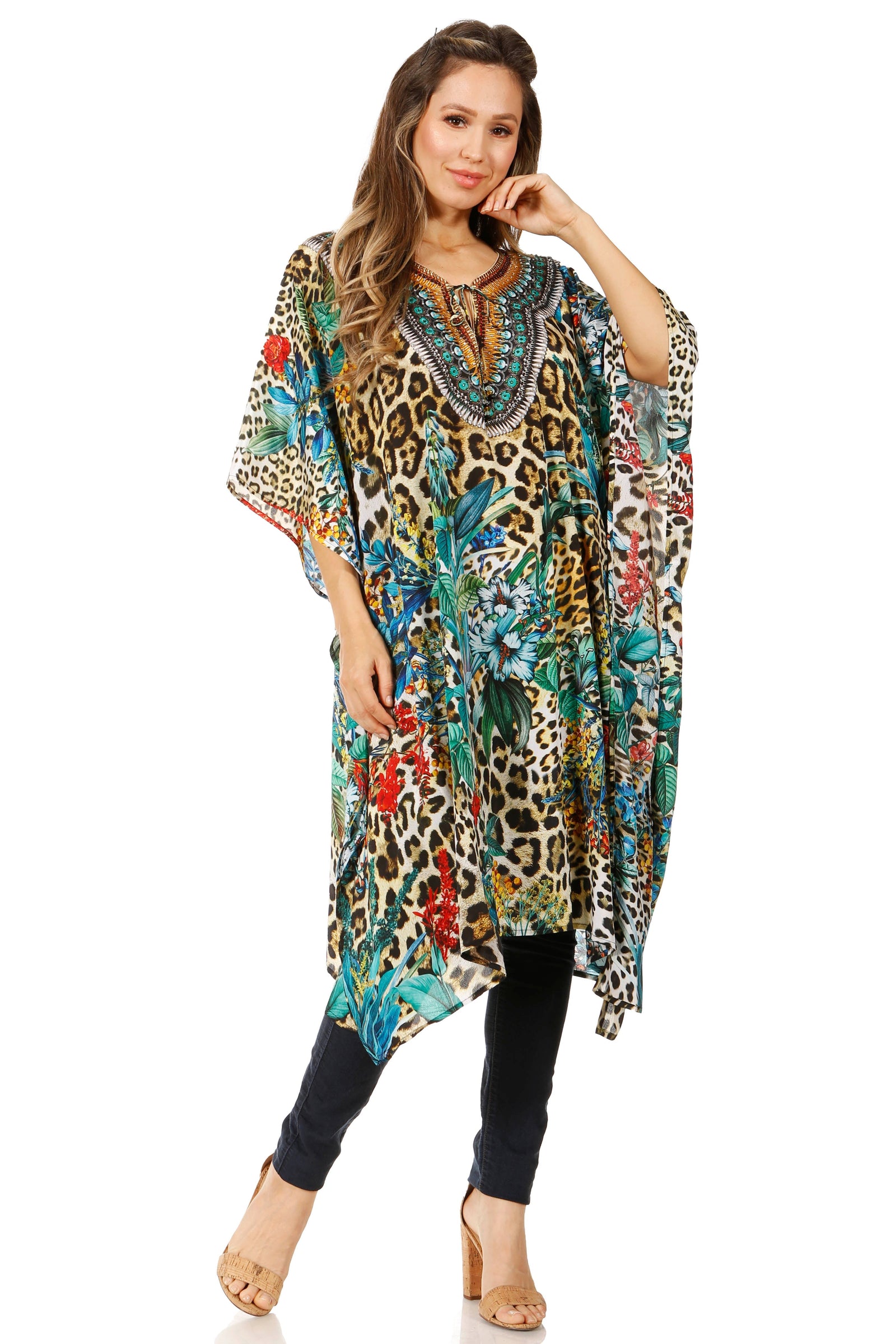 Sakkas Jenni Vestido caftán bohemio de longitud media para mujer con diamantes de imitación fluidos