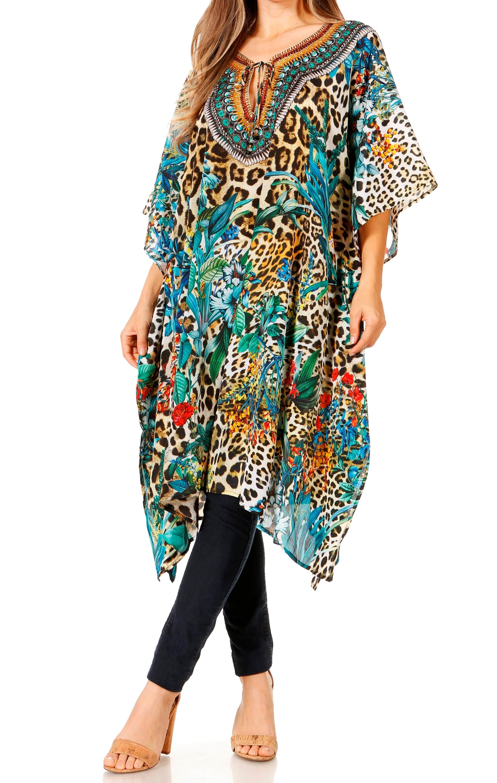 Sakkas Jenni Vestido caftán bohemio de longitud media para mujer con diamantes de imitación fluidos