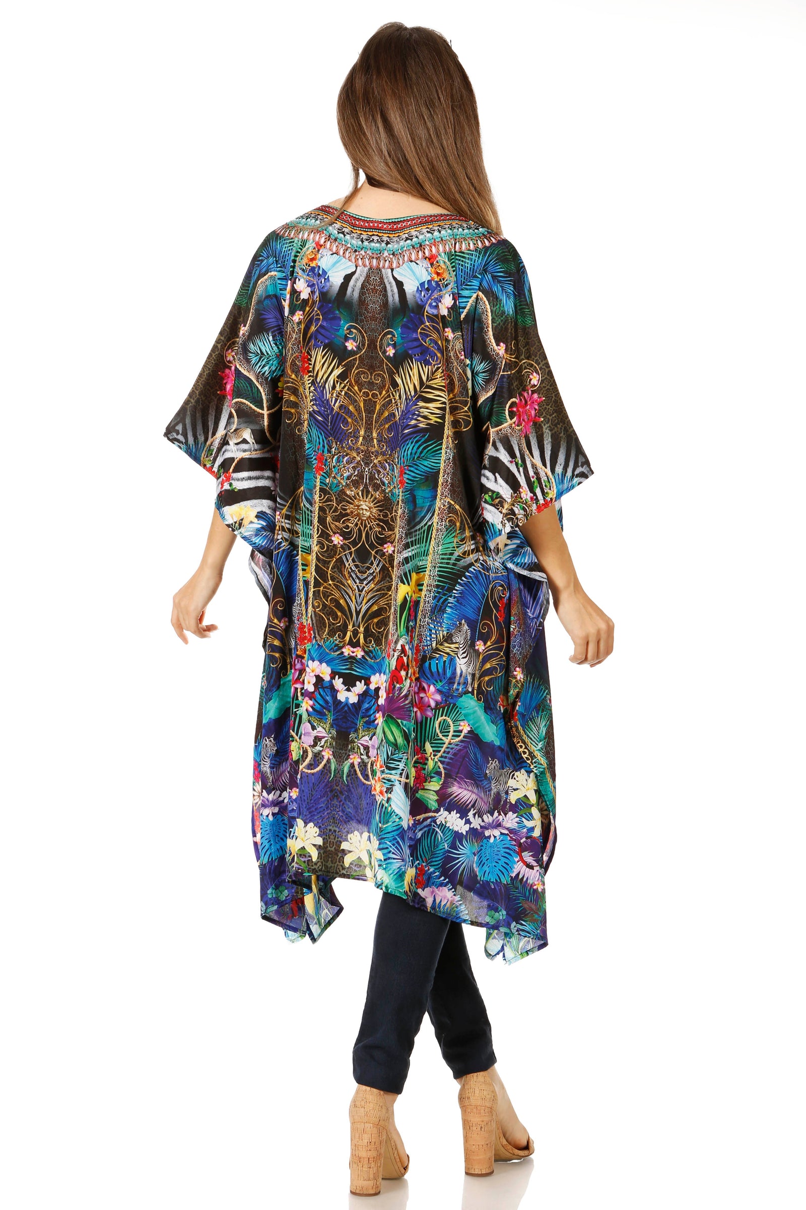 Sakkas Jenni Vestido caftán bohemio de longitud media para mujer con diamantes de imitación fluidos
