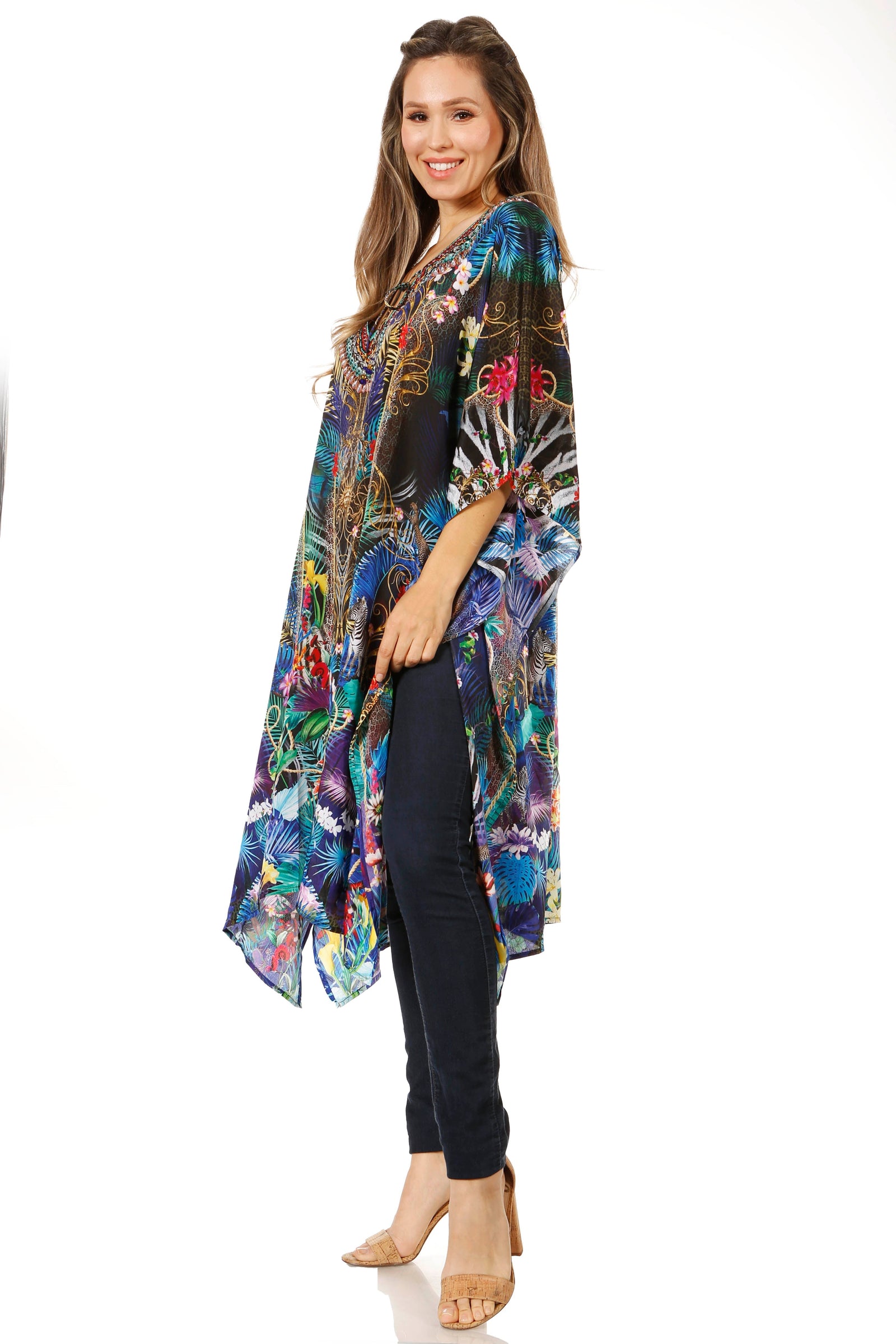 Sakkas Jenni Vestido caftán bohemio de longitud media para mujer con diamantes de imitación fluidos