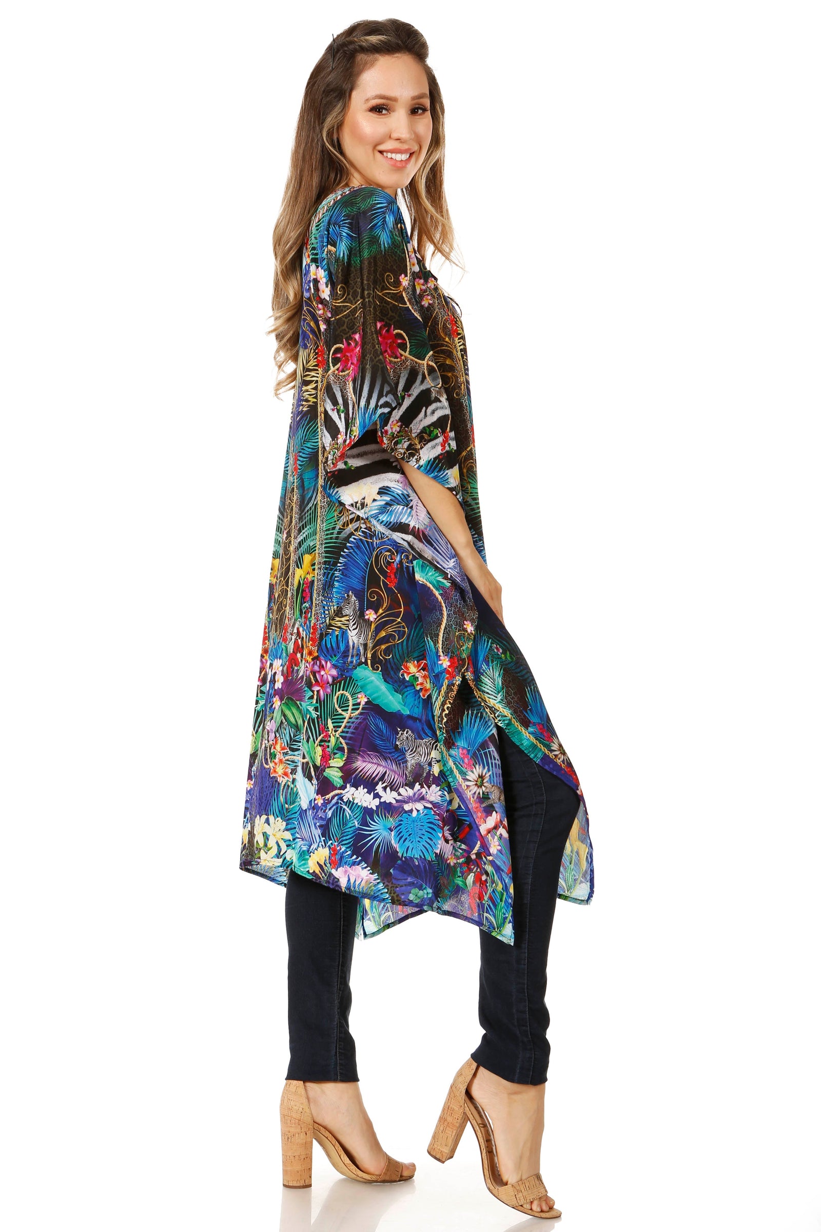 Sakkas Jenni Vestido caftán bohemio de longitud media para mujer con diamantes de imitación fluidos