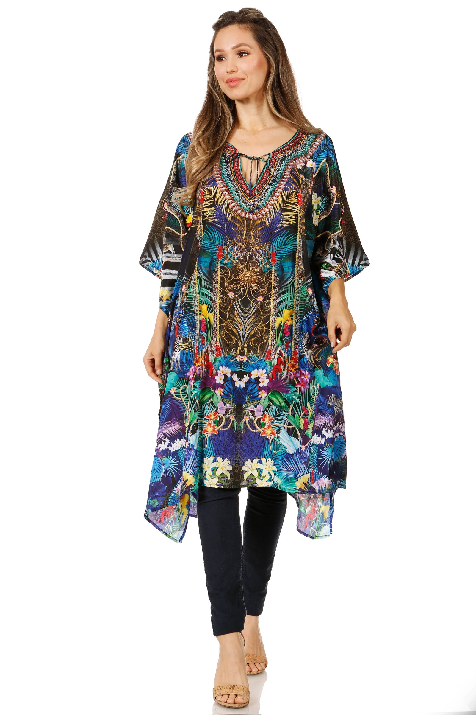 Sakkas Jenni Vestido caftán bohemio de longitud media para mujer con diamantes de imitación fluidos