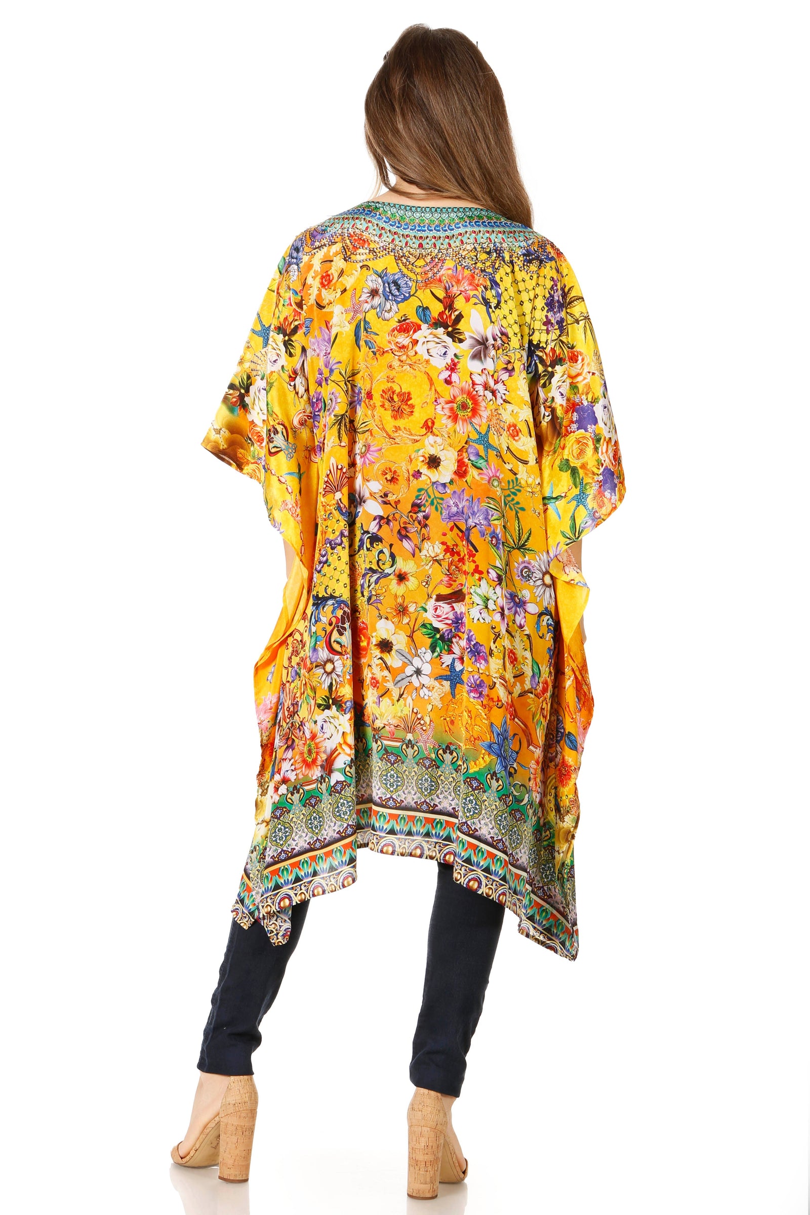 Sakkas Jenni Vestido caftán bohemio de longitud media para mujer con diamantes de imitación fluidos
