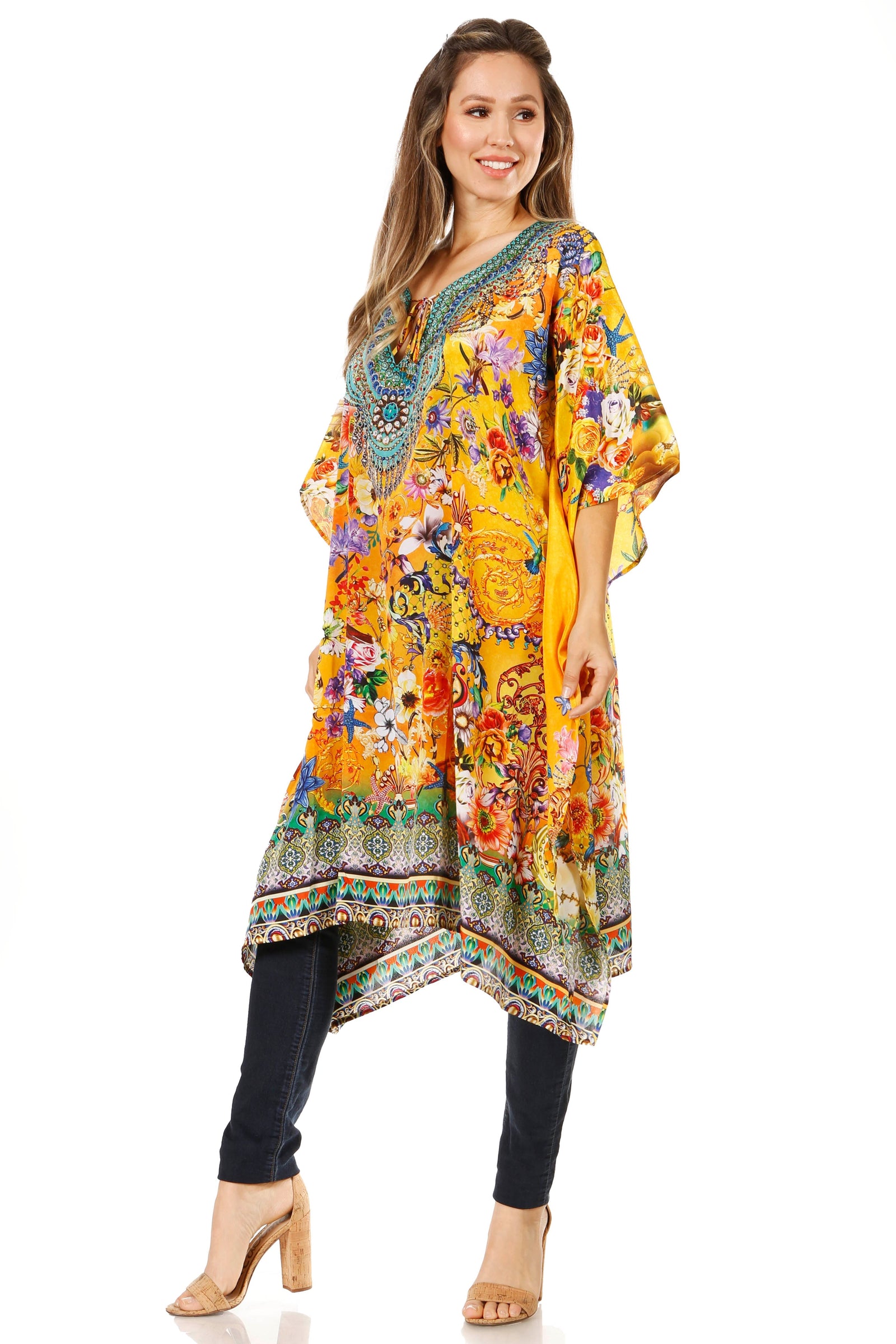 Sakkas Jenni Vestido caftán bohemio de longitud media para mujer con diamantes de imitación fluidos