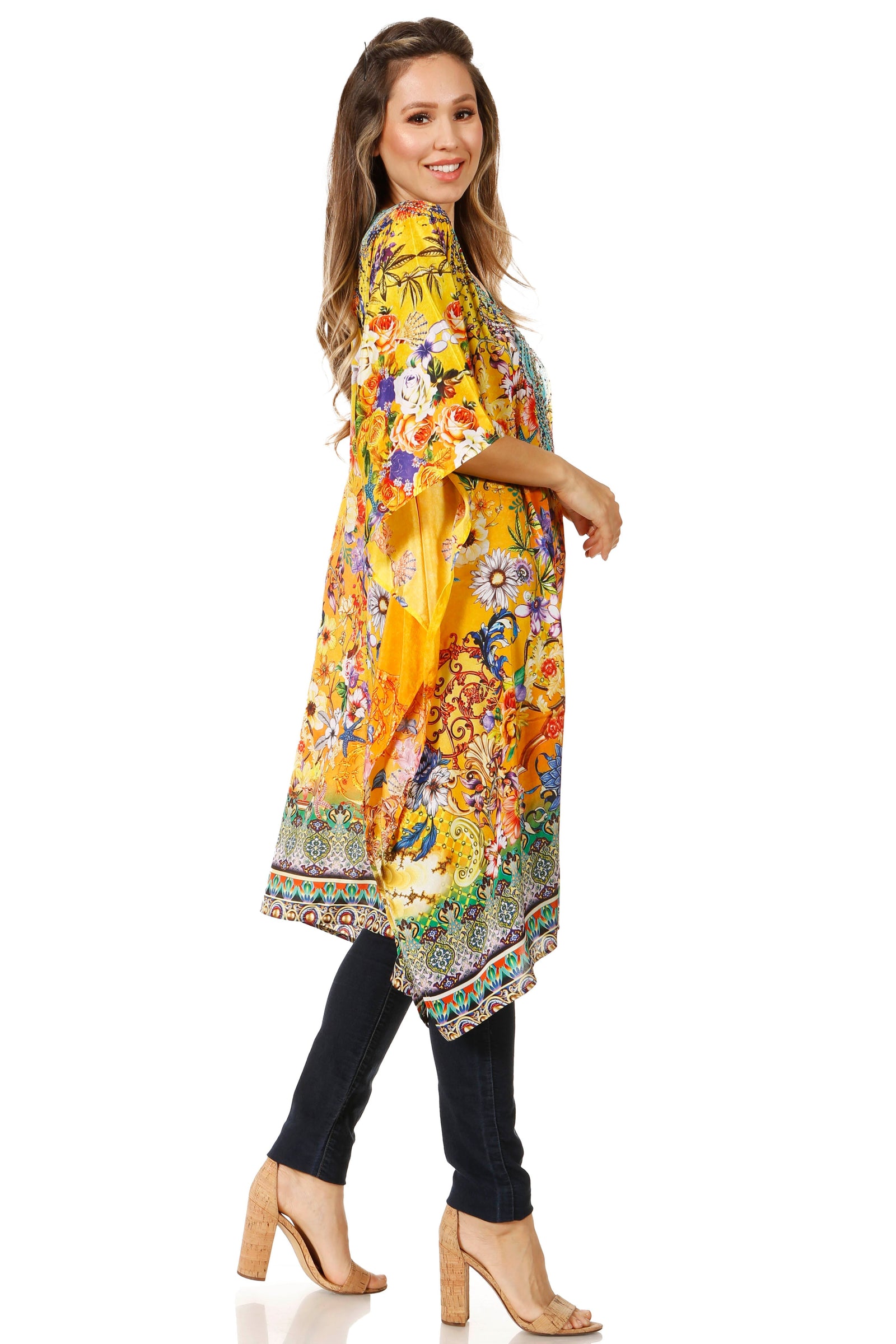Sakkas Jenni Vestido caftán bohemio de longitud media para mujer con diamantes de imitación fluidos