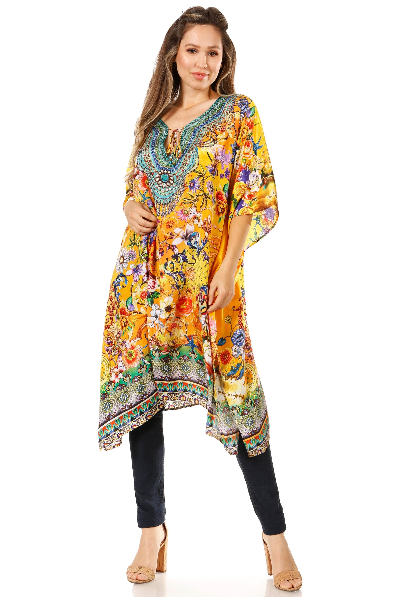Sakkas Jenni Vestido caftán bohemio de longitud media para mujer con diamantes de imitación fluidos