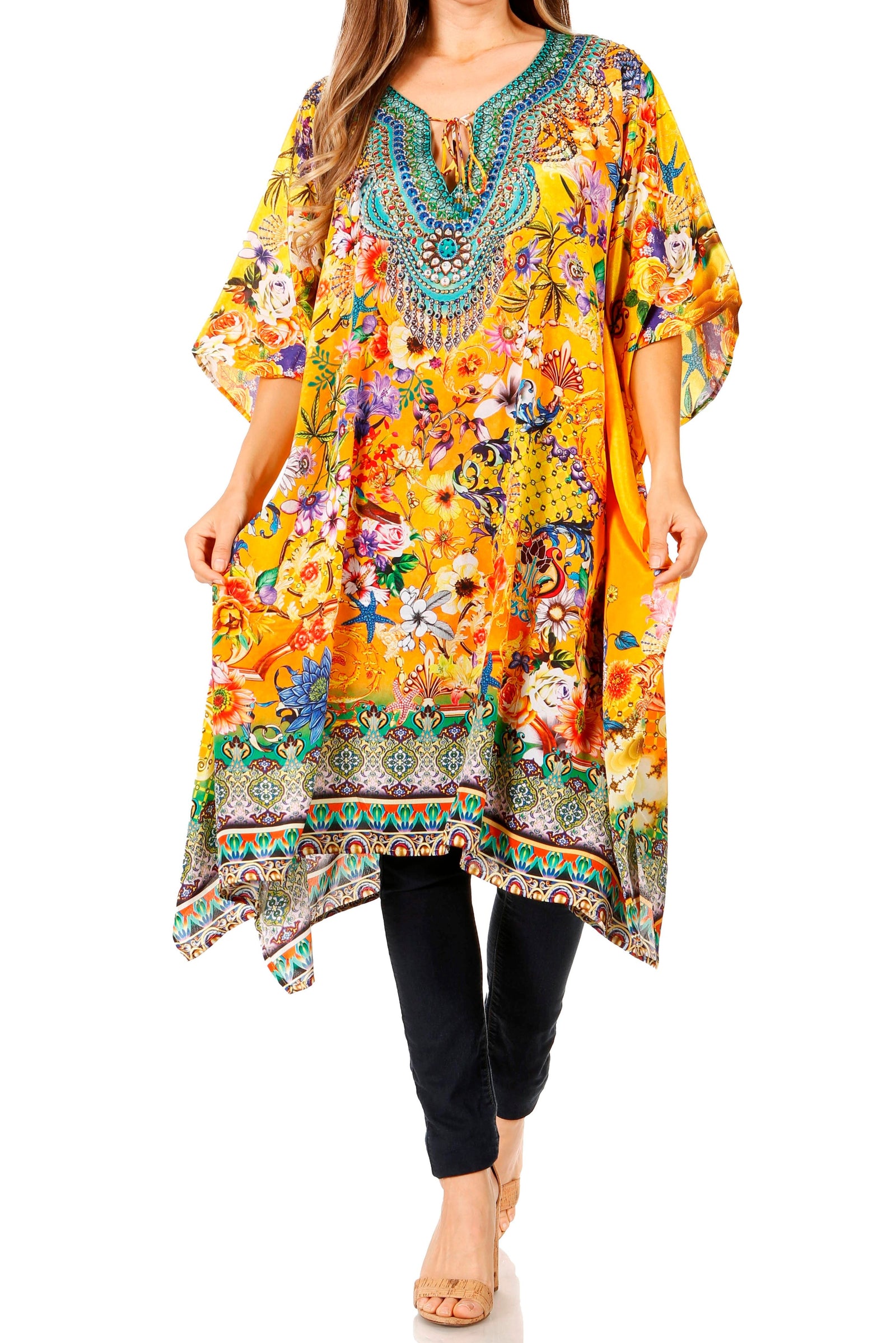 Sakkas Jenni Vestido caftán bohemio de longitud media para mujer con diamantes de imitación fluidos