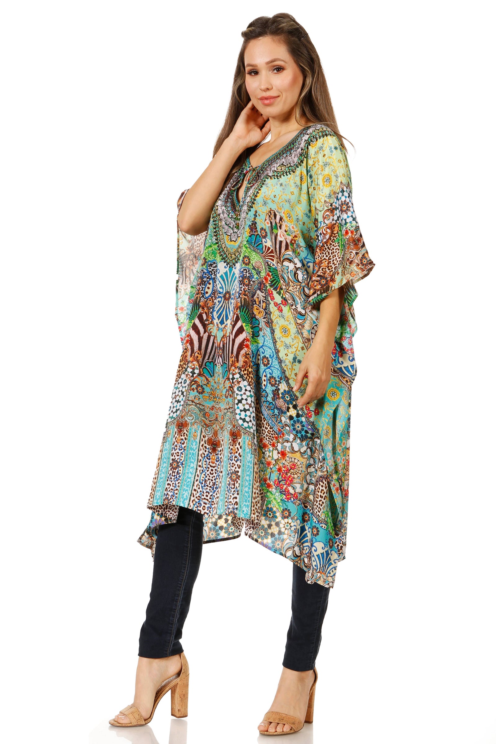 Sakkas Jenni Vestido caftán bohemio de longitud media para mujer con diamantes de imitación fluidos