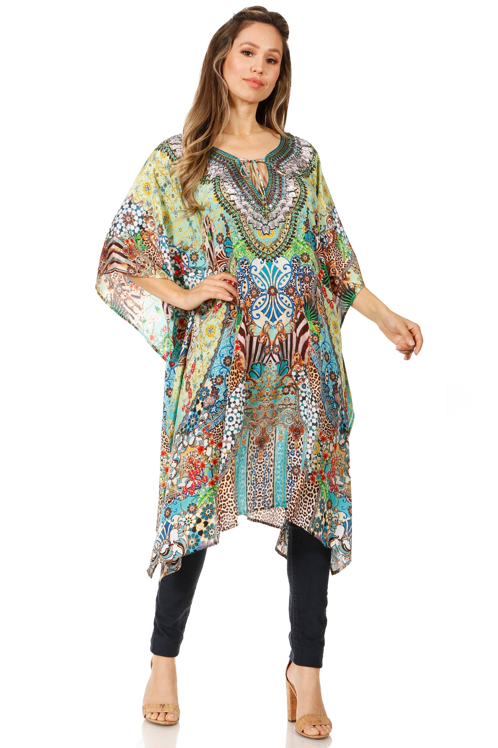 Sakkas Jenni Vestido caftán bohemio de longitud media para mujer con diamantes de imitación fluidos