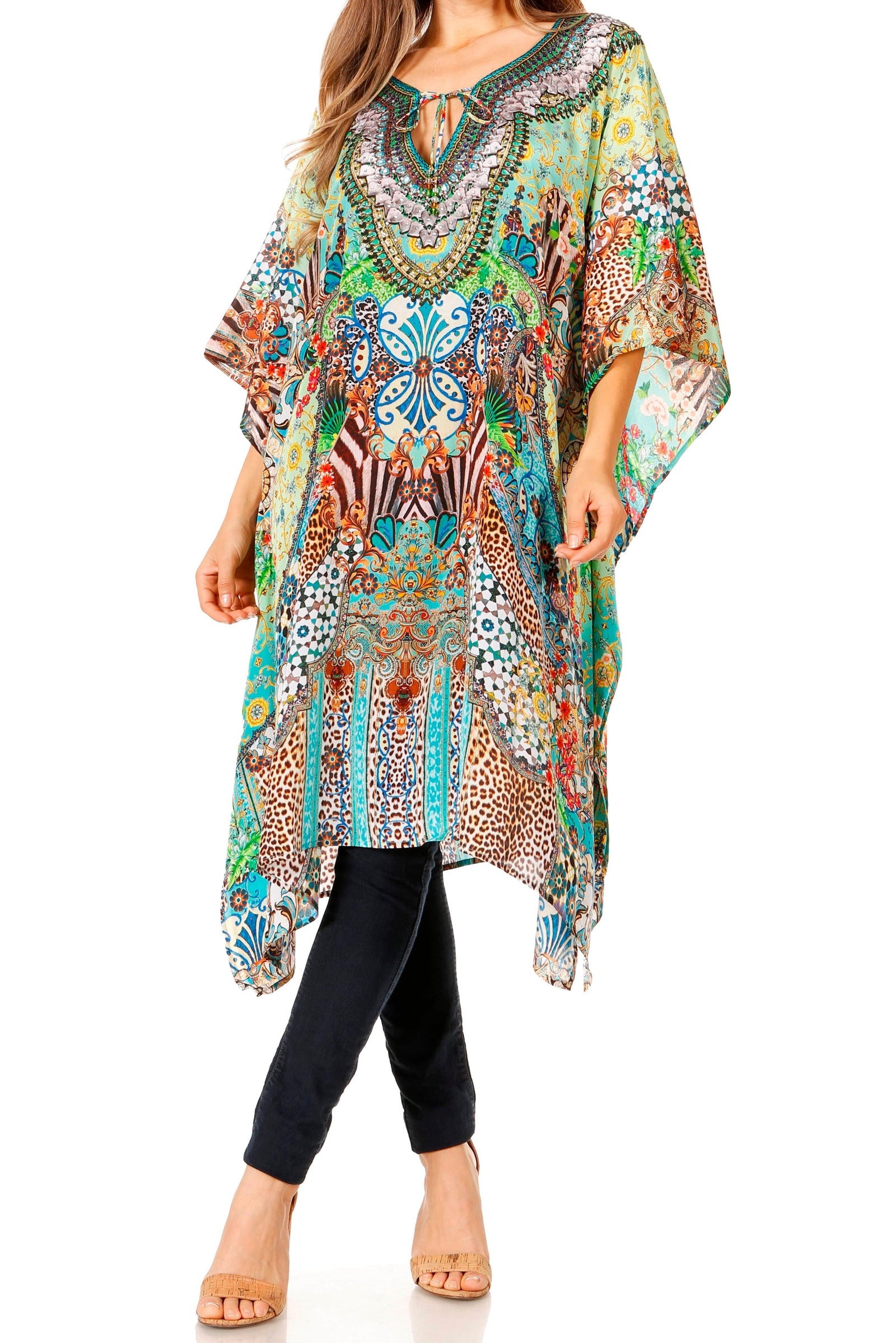 Sakkas Jenni Vestido caftán bohemio de longitud media para mujer con diamantes de imitación fluidos