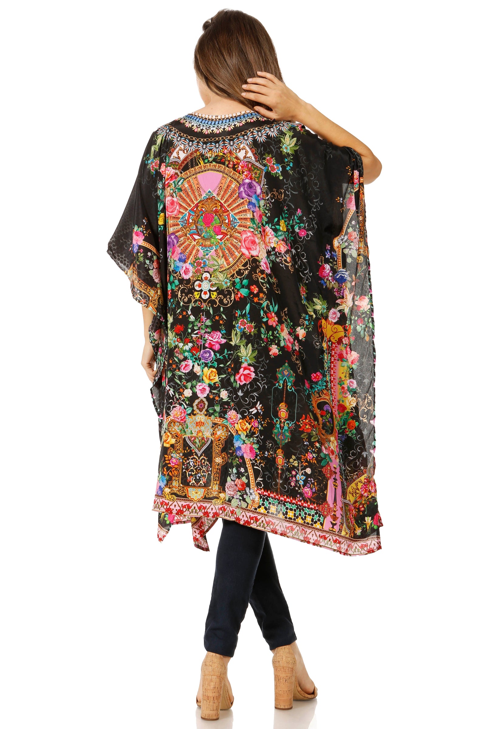 Sakkas Jenni Vestido caftán bohemio de longitud media para mujer con diamantes de imitación fluidos